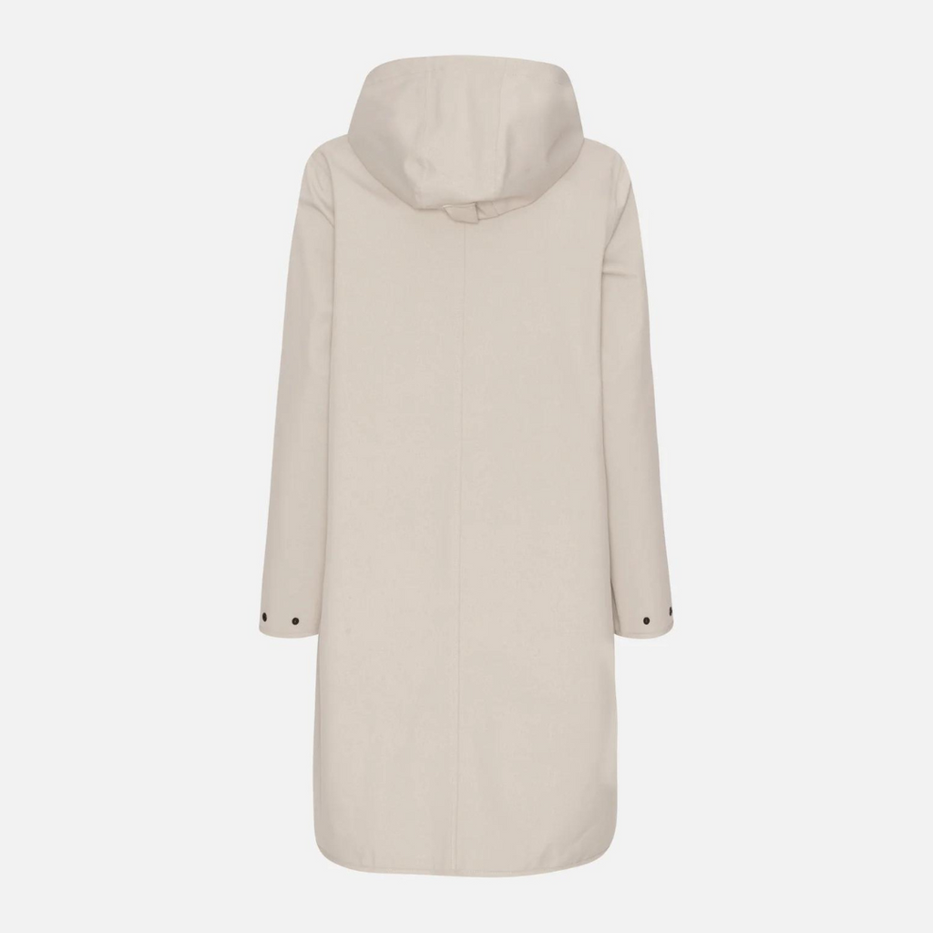 Beige hooded raincoat, long sleeves, rear view, showing simple design and subtle dark button accents.