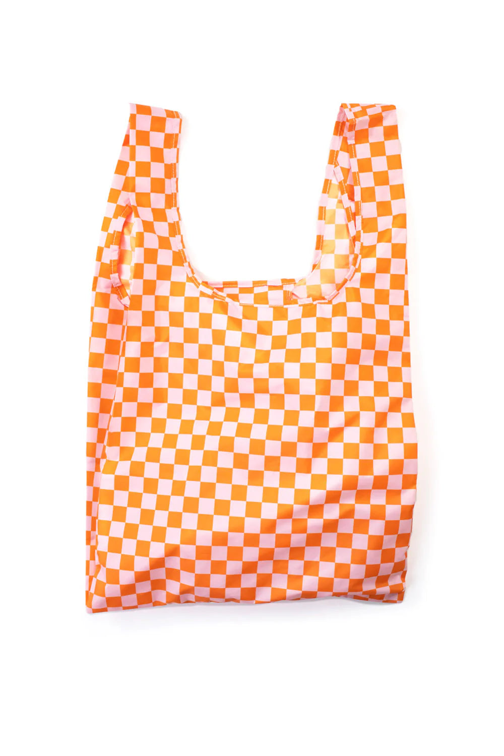 Orange and pink checkered reusable shopping bag.