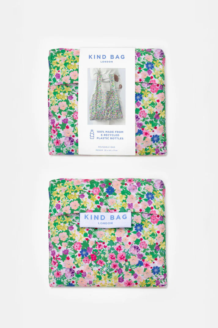 Kind Bag London reusable shopping bag; floral print; made from 6 recycled plastic bottles.