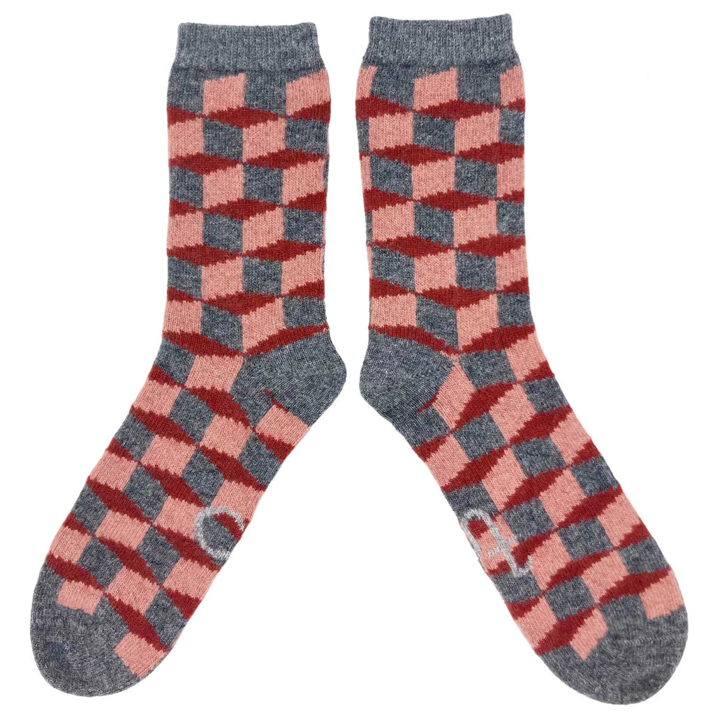 Pair of gray and pink patterned wool socks.  The socks feature a geometric, checkered design.