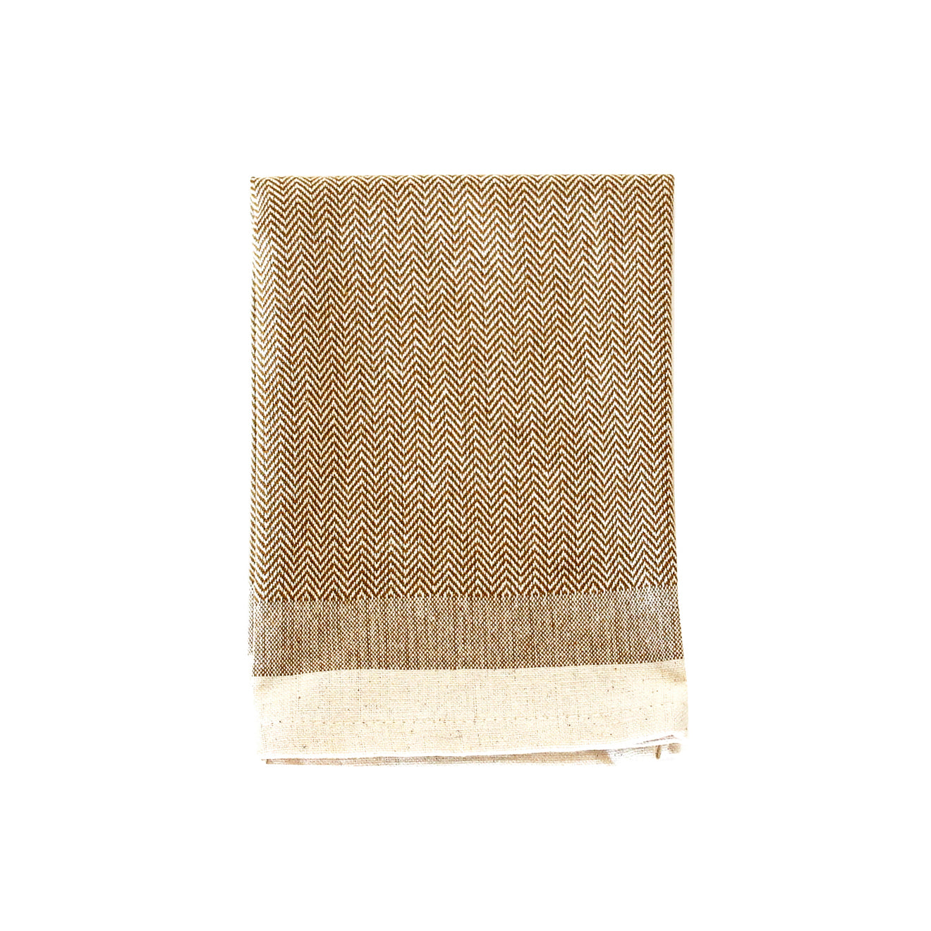 Brown and beige herringbone patterned textile folded neatly.  The fabric has a subtle off-white border.