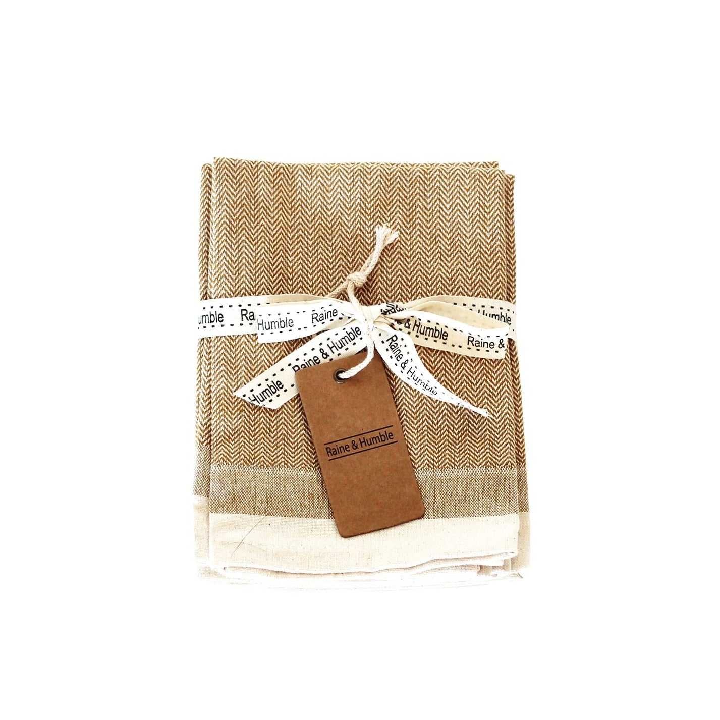 Stack of beige and brown herringbone tea towels, tied with a ribbon and a Raine & Humble tag.