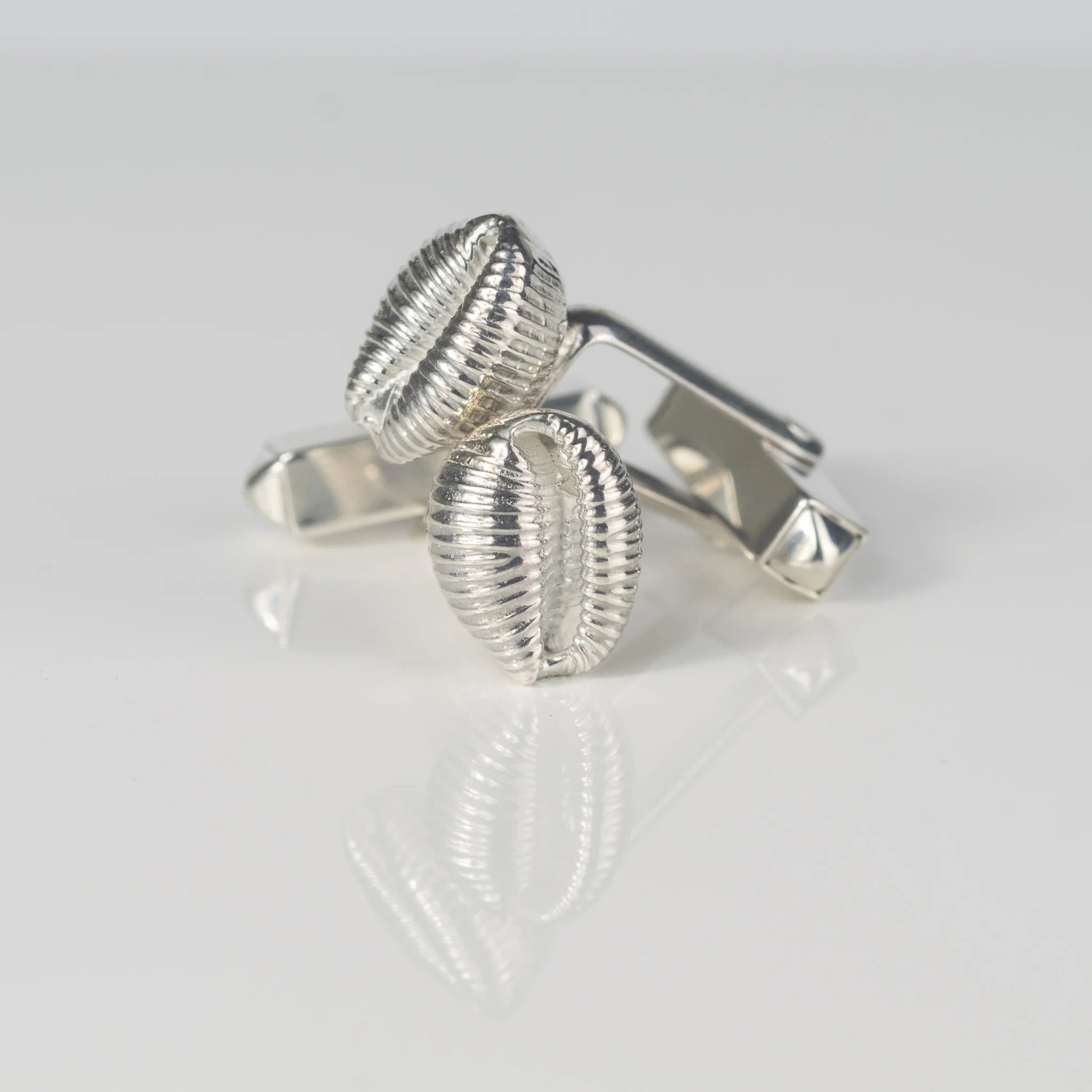 Silver cufflinks shaped like ribbed seashells.