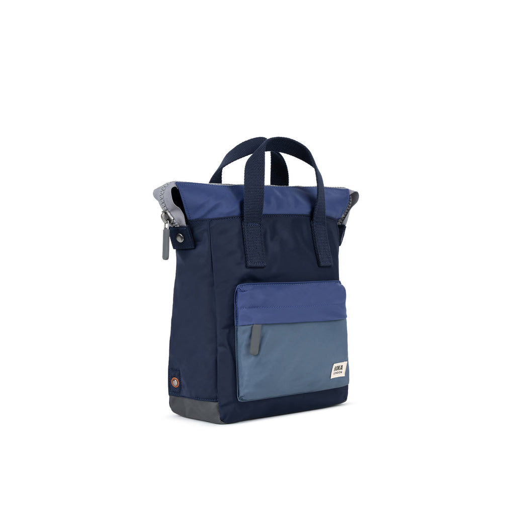 Navy and gray backpack on a white background