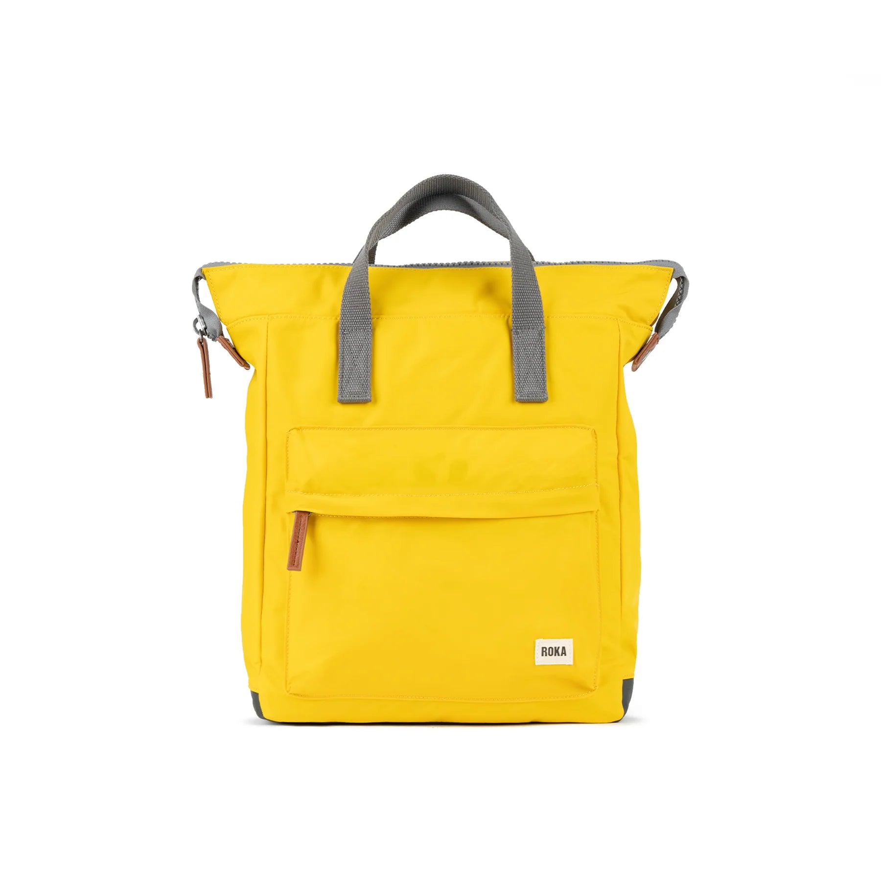 Yellow convertible backpack with gray straps and a small front pocket.