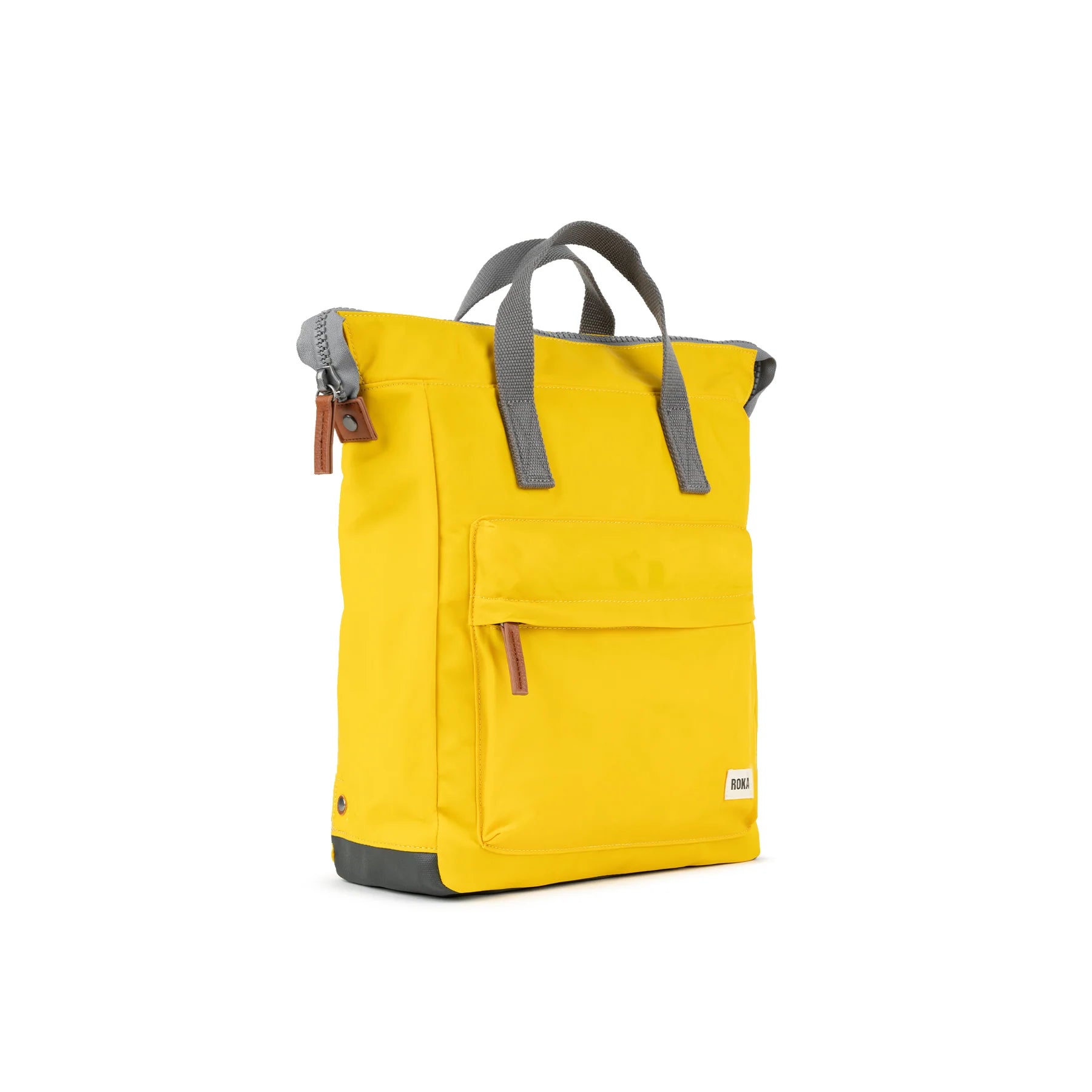 Yellow rucksack with gray top handles and base, featuring a front pocket and tan zipper pulls.