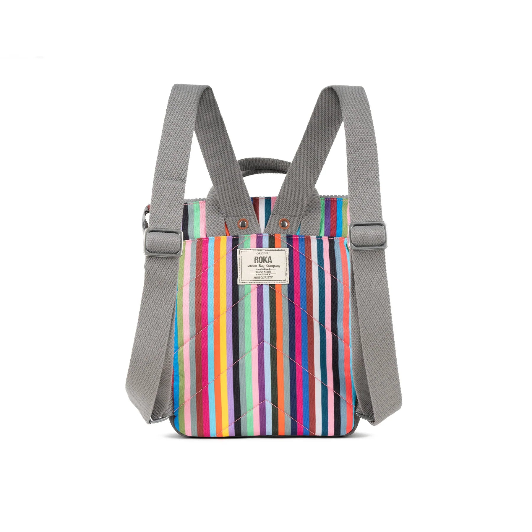 Multicolored striped quilted backpack with gray straps and a small brand label.