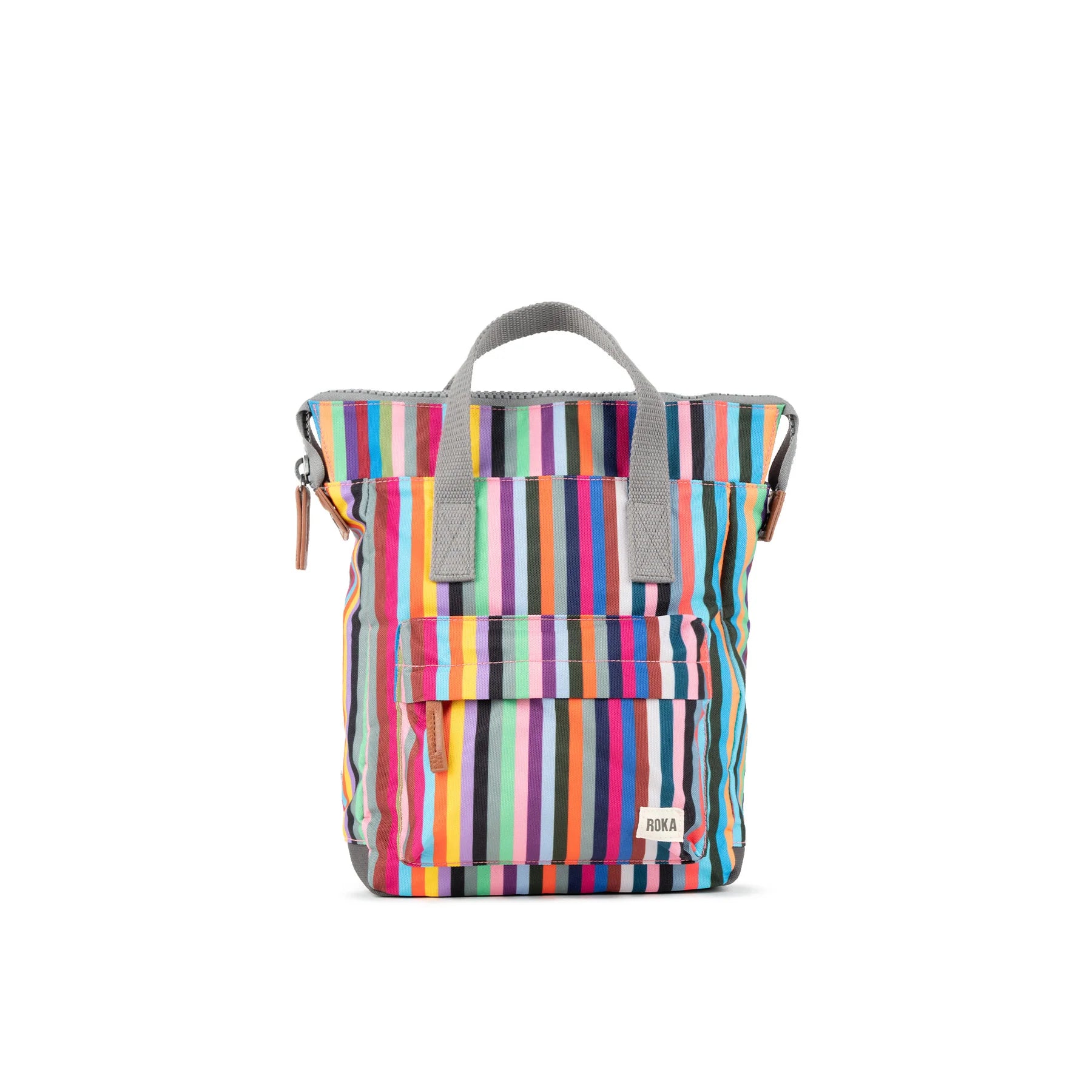 Multicolored striped backpack with gray handles and zipper. Small front pocket.