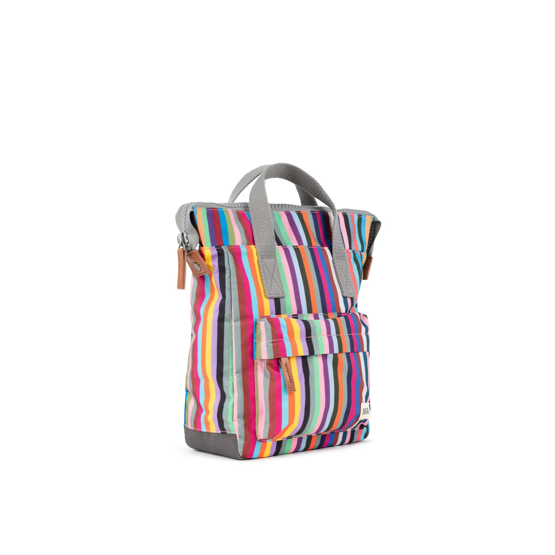 Multicolored striped backpack with gray straps and base. Features a small front pocket and zipper closure.