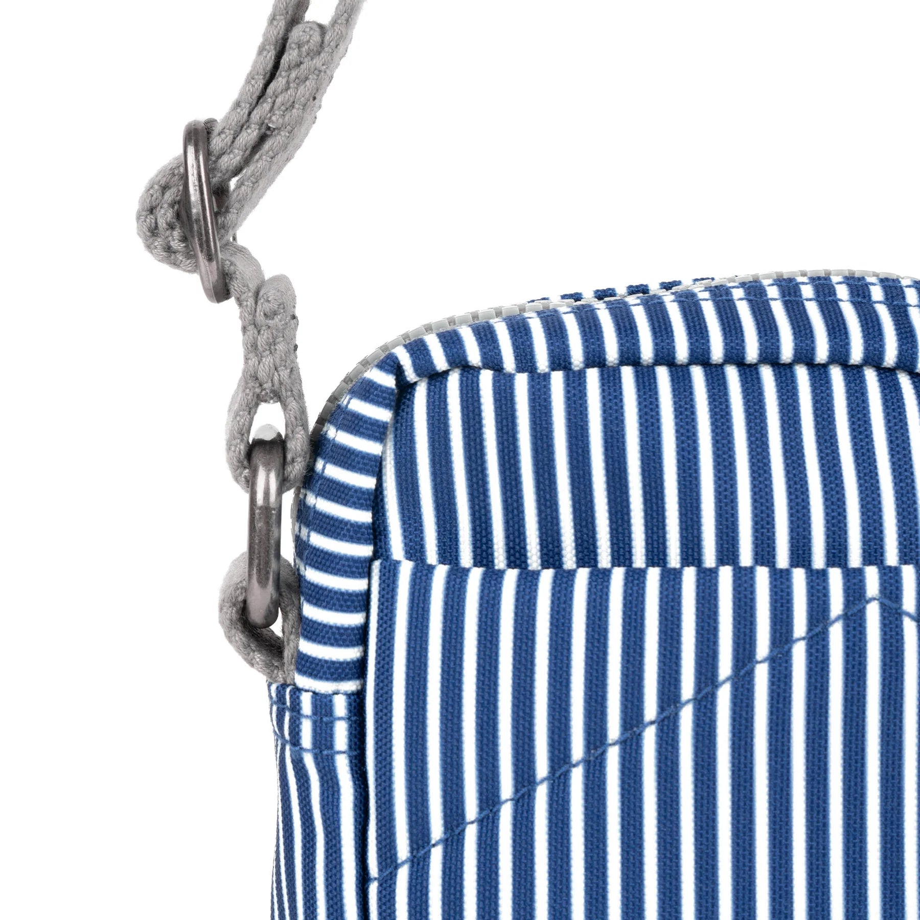 Blue and white striped bag with a gray strap on a white background