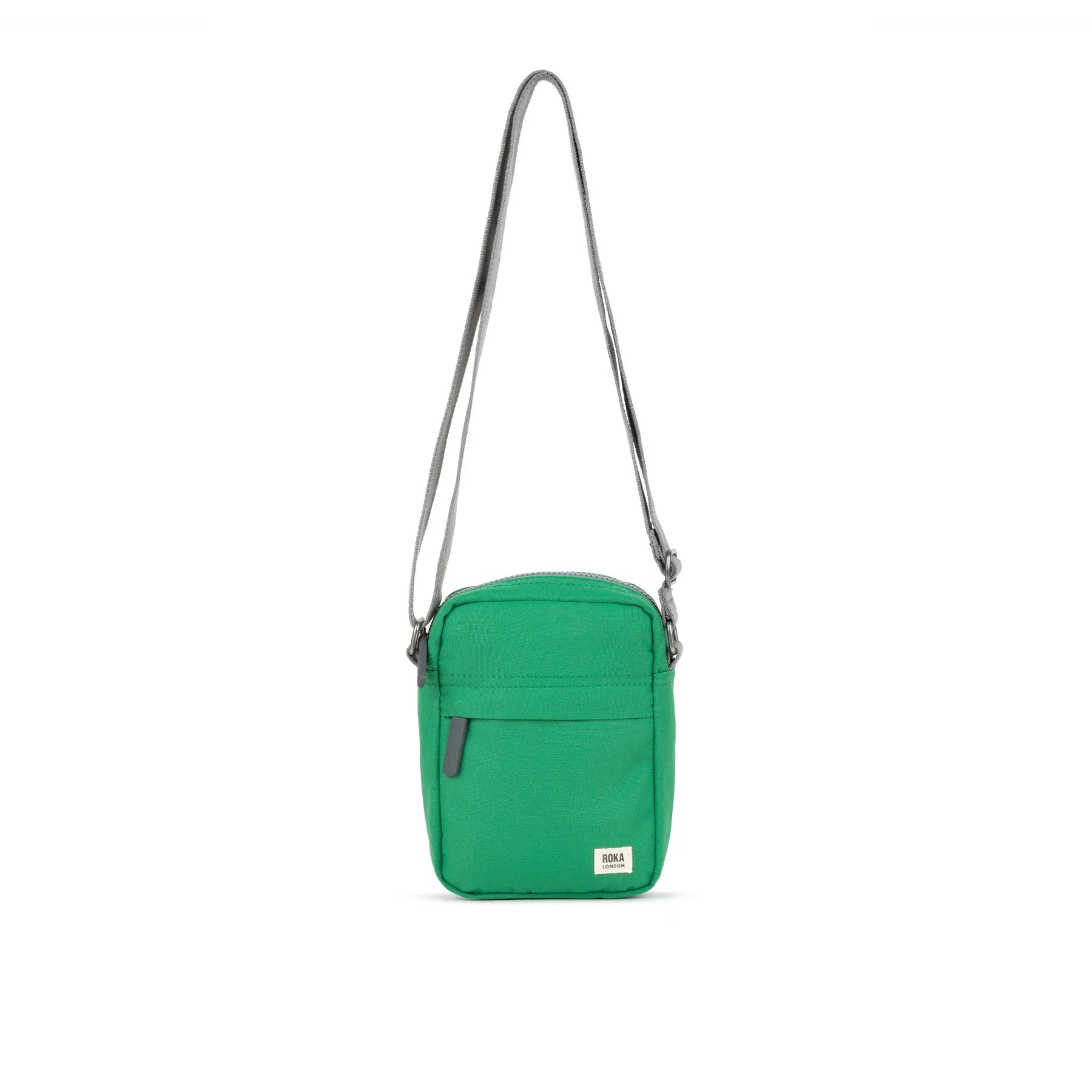 Bright green crossbody bag with gray straps and zipper closure. Small front pocket detail.