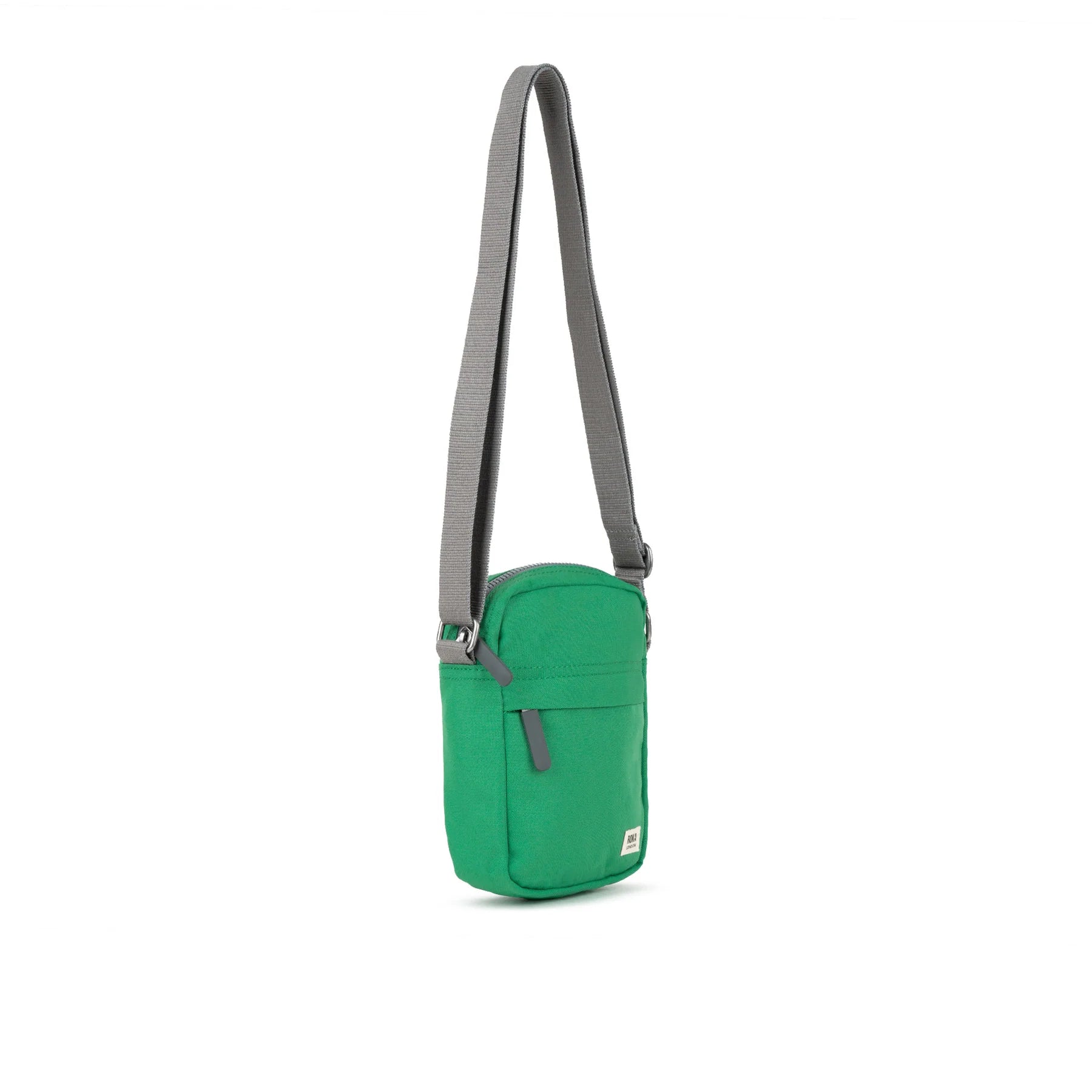 Small green crossbody bag with gray shoulder strap and zipper closure.