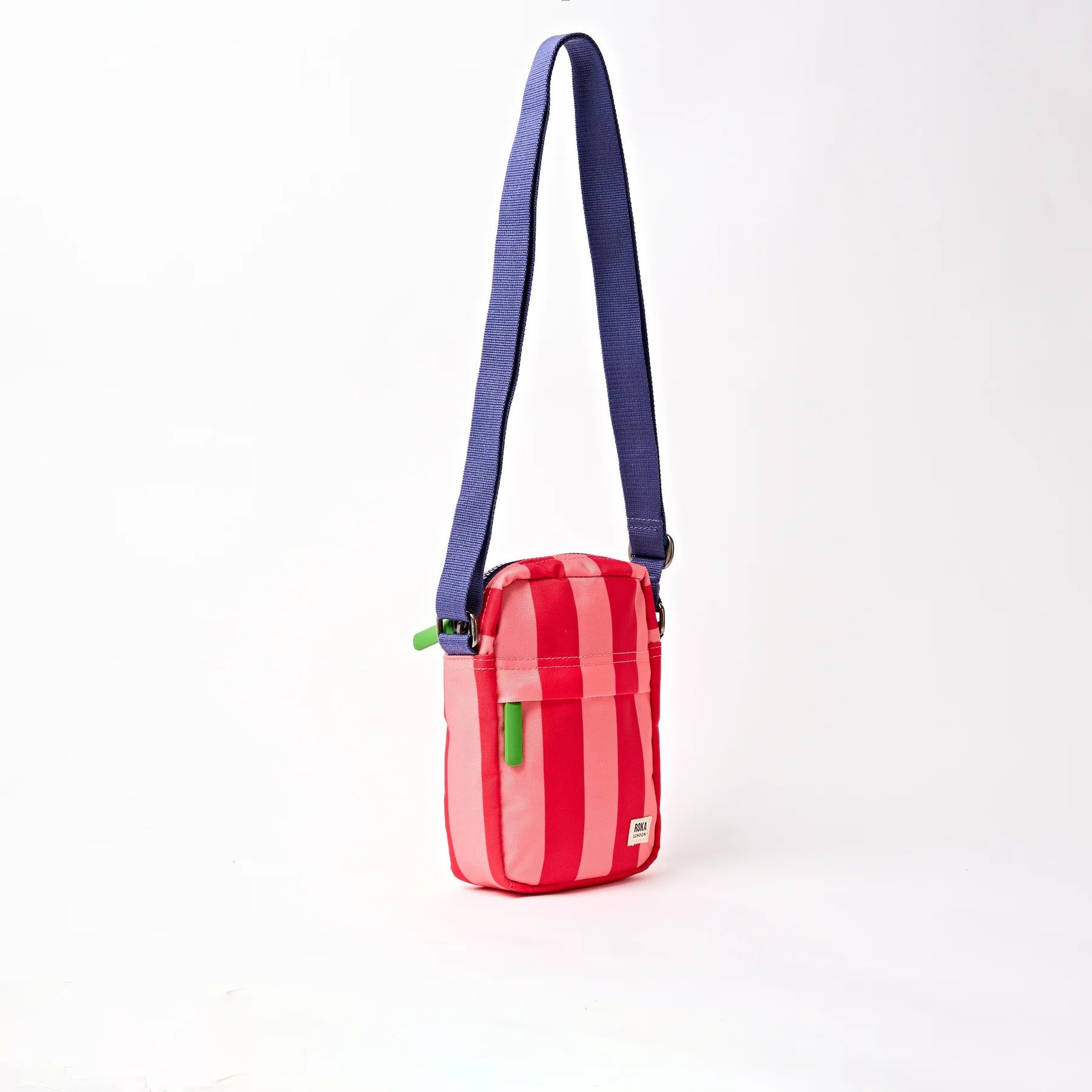 Red striped bag with a blue strap on a white background