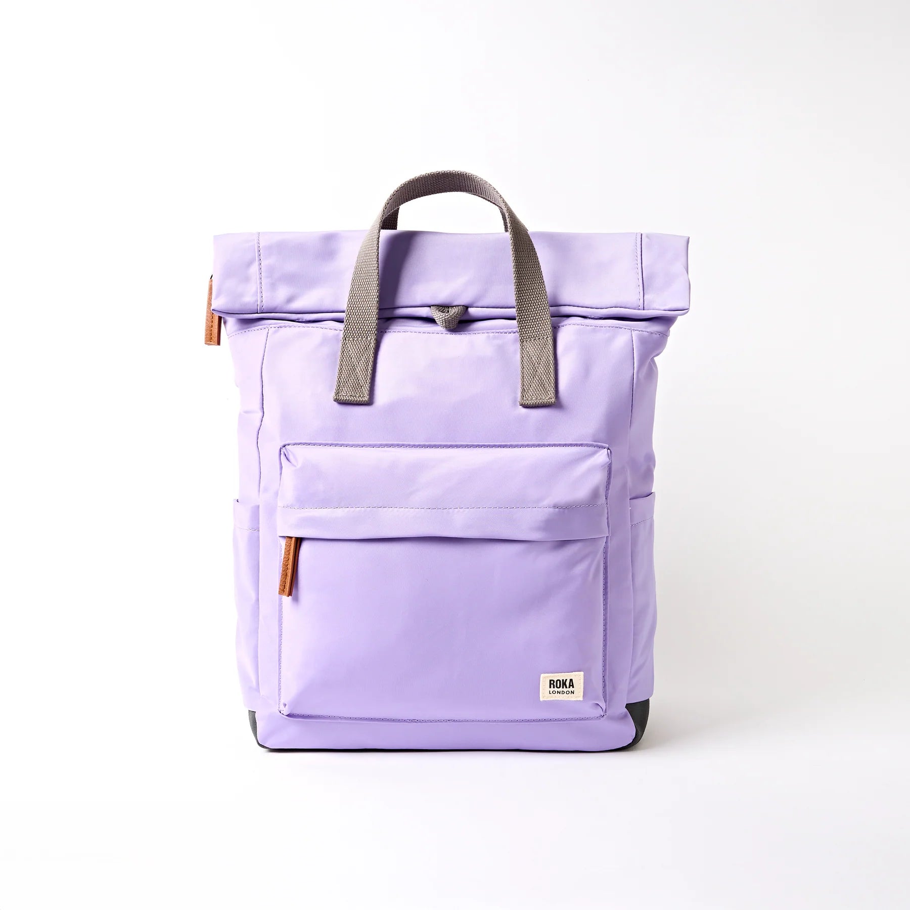 Purple backpack with gray straps on a white background