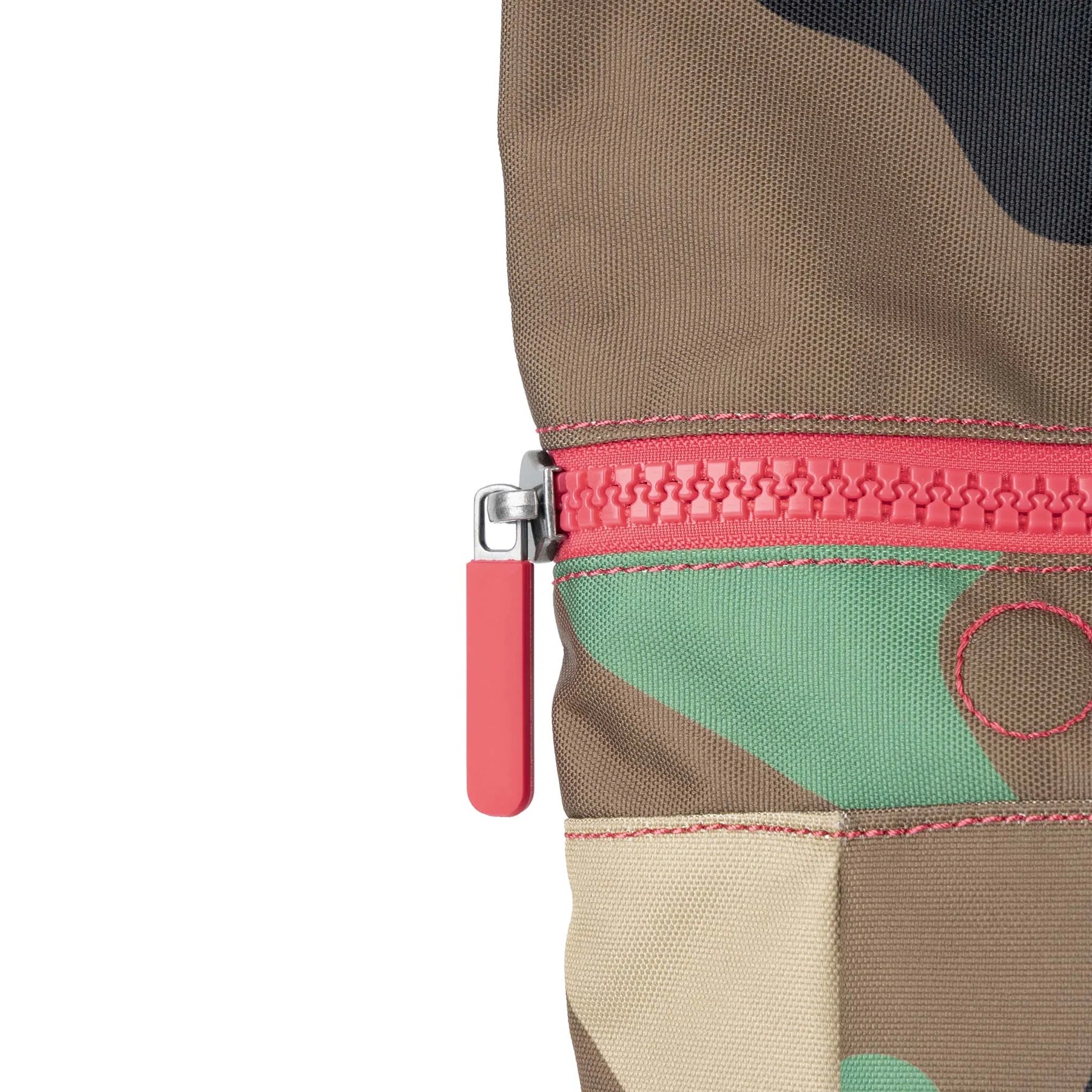 Close-up of a colorful bag with a pink zipper on a white background