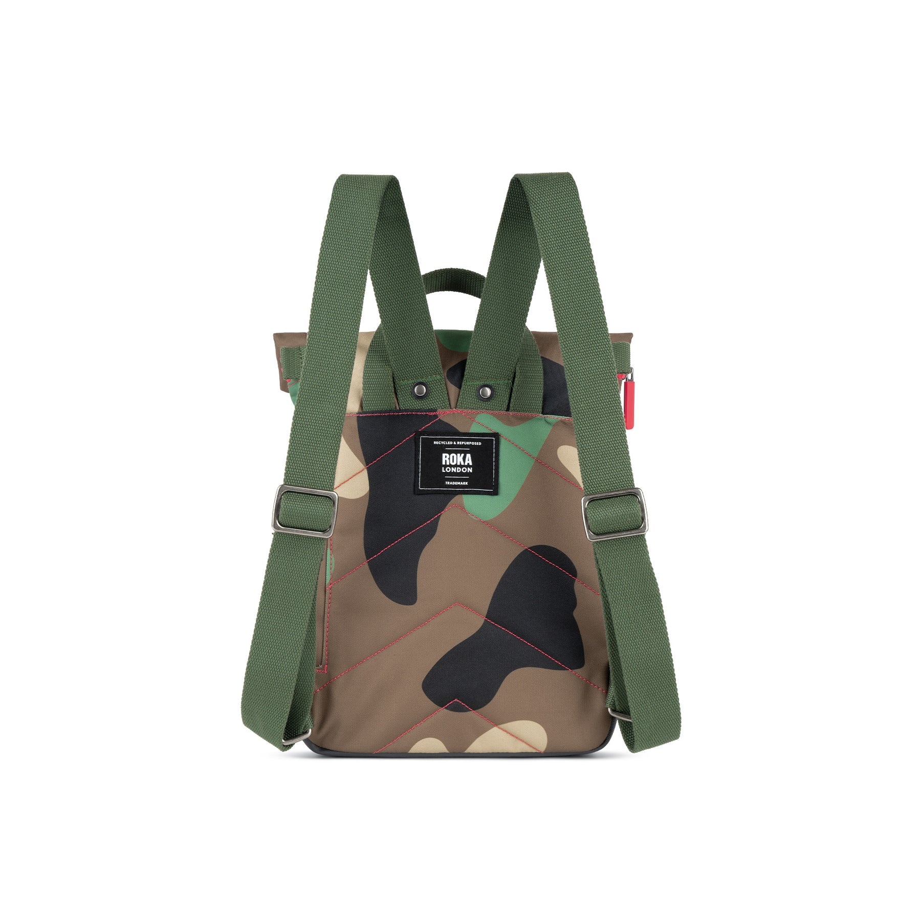 Camouflage-patterned backpack with green handle on a white background