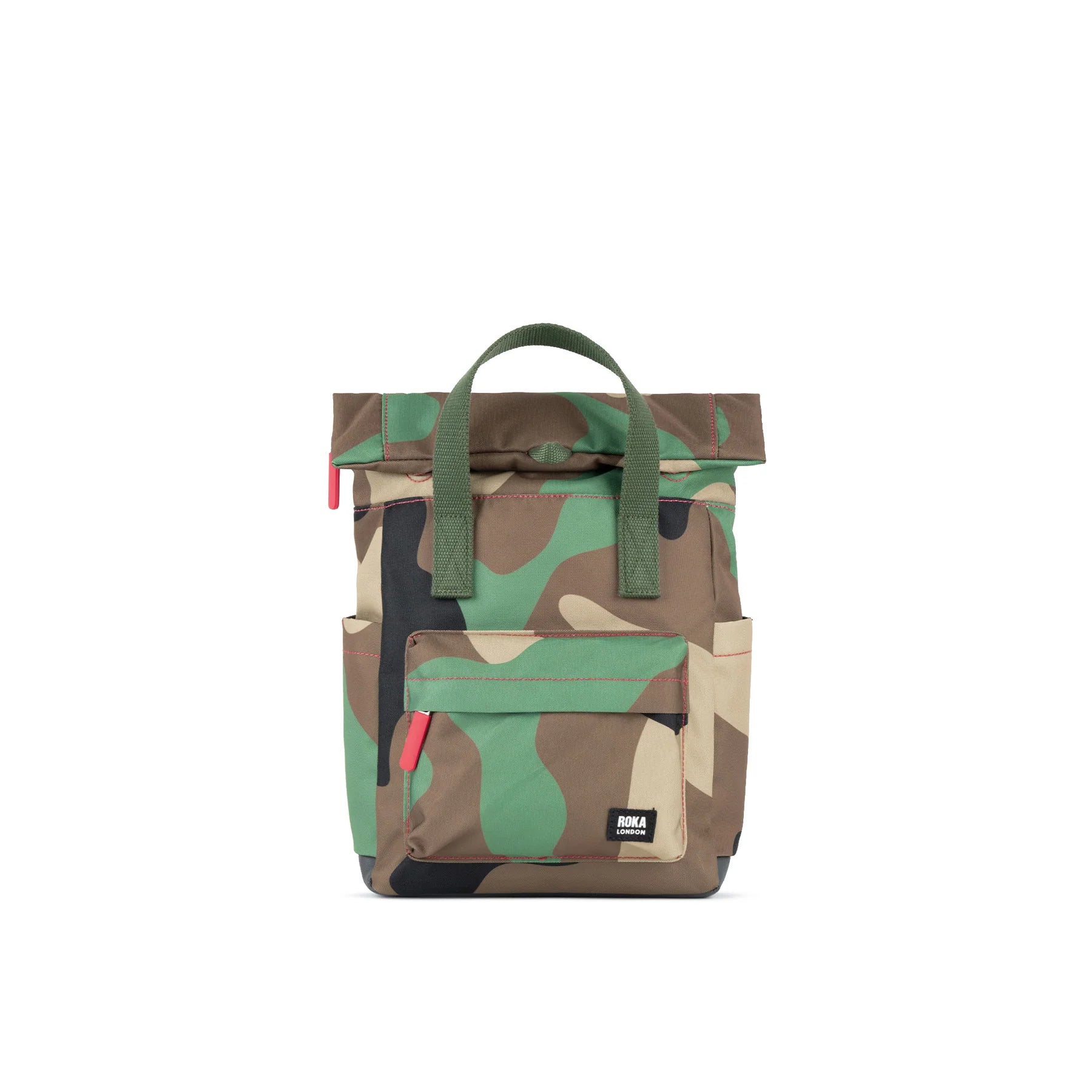 Camouflage-patterned backpack with green handle on a white background