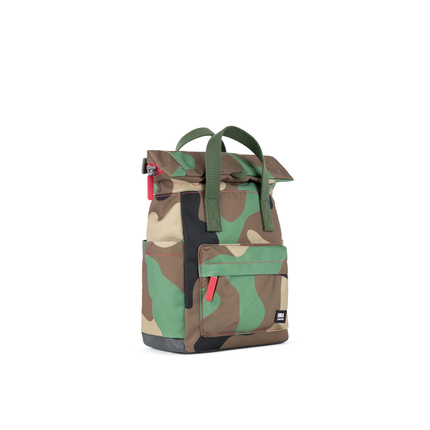Camouflage-patterned backpack with green handle on a white background