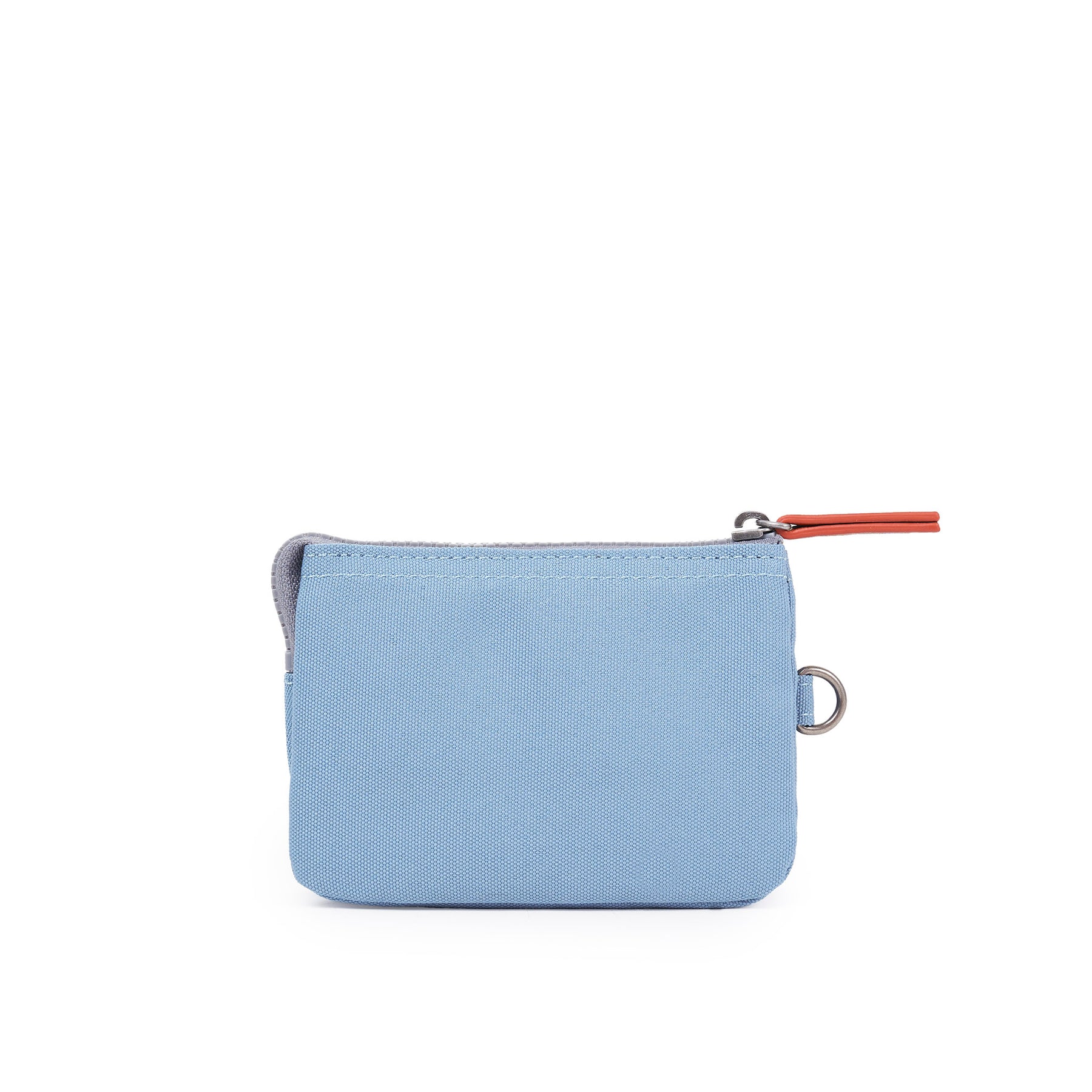 Light blue zippered pouch with a red zipper on a white background