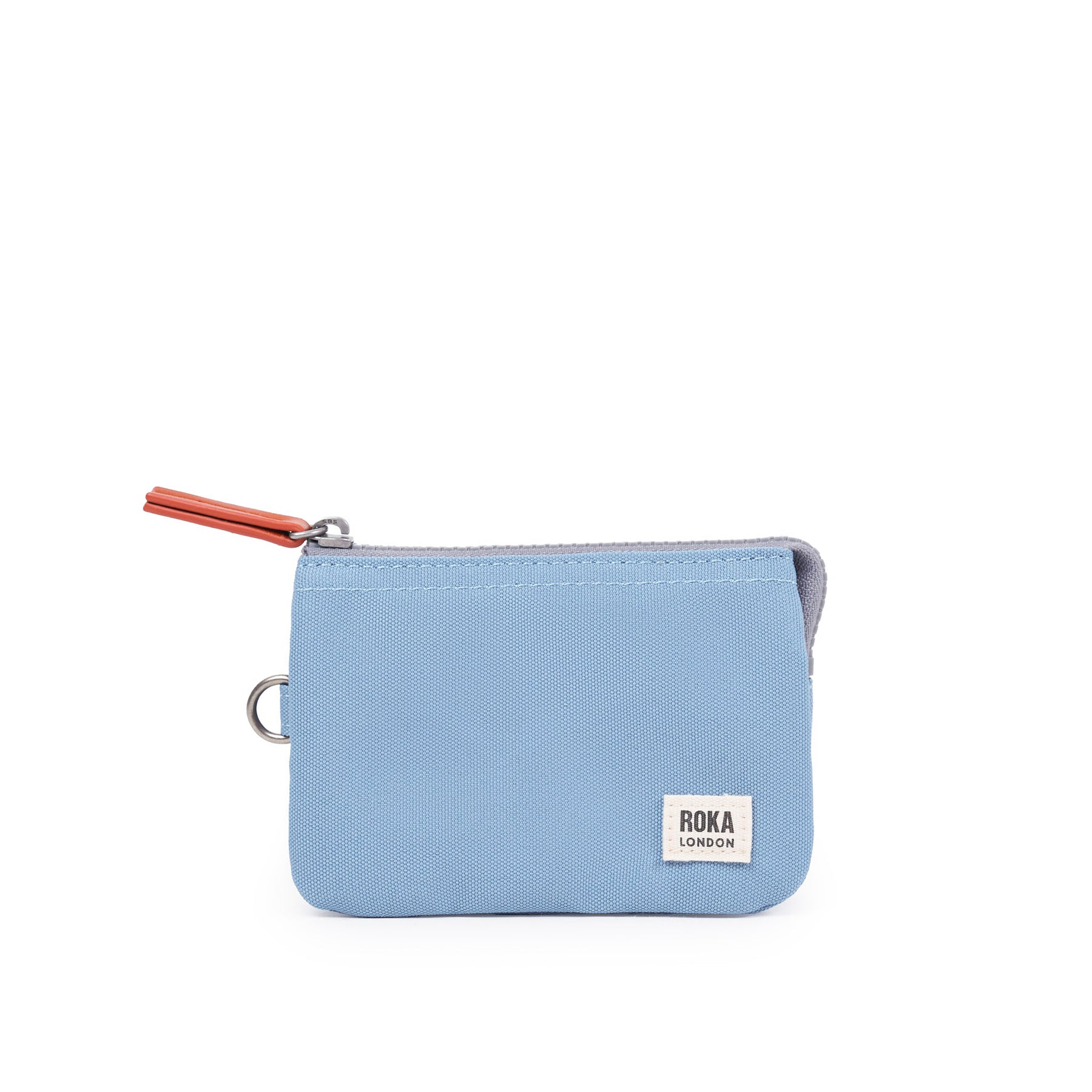 Small blue pouch with a red zipper on a white background