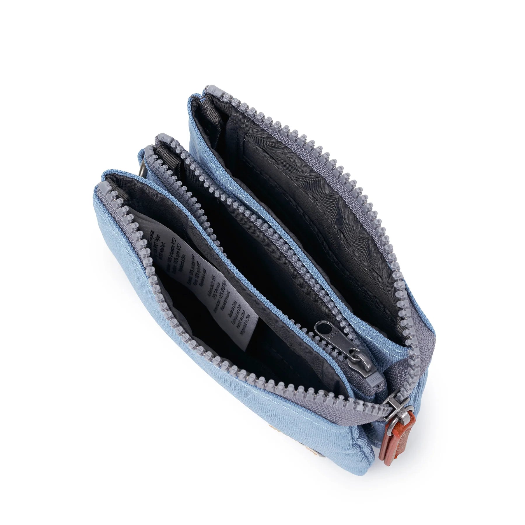 Light blue zipper pouch with a brown leather pull on a white background