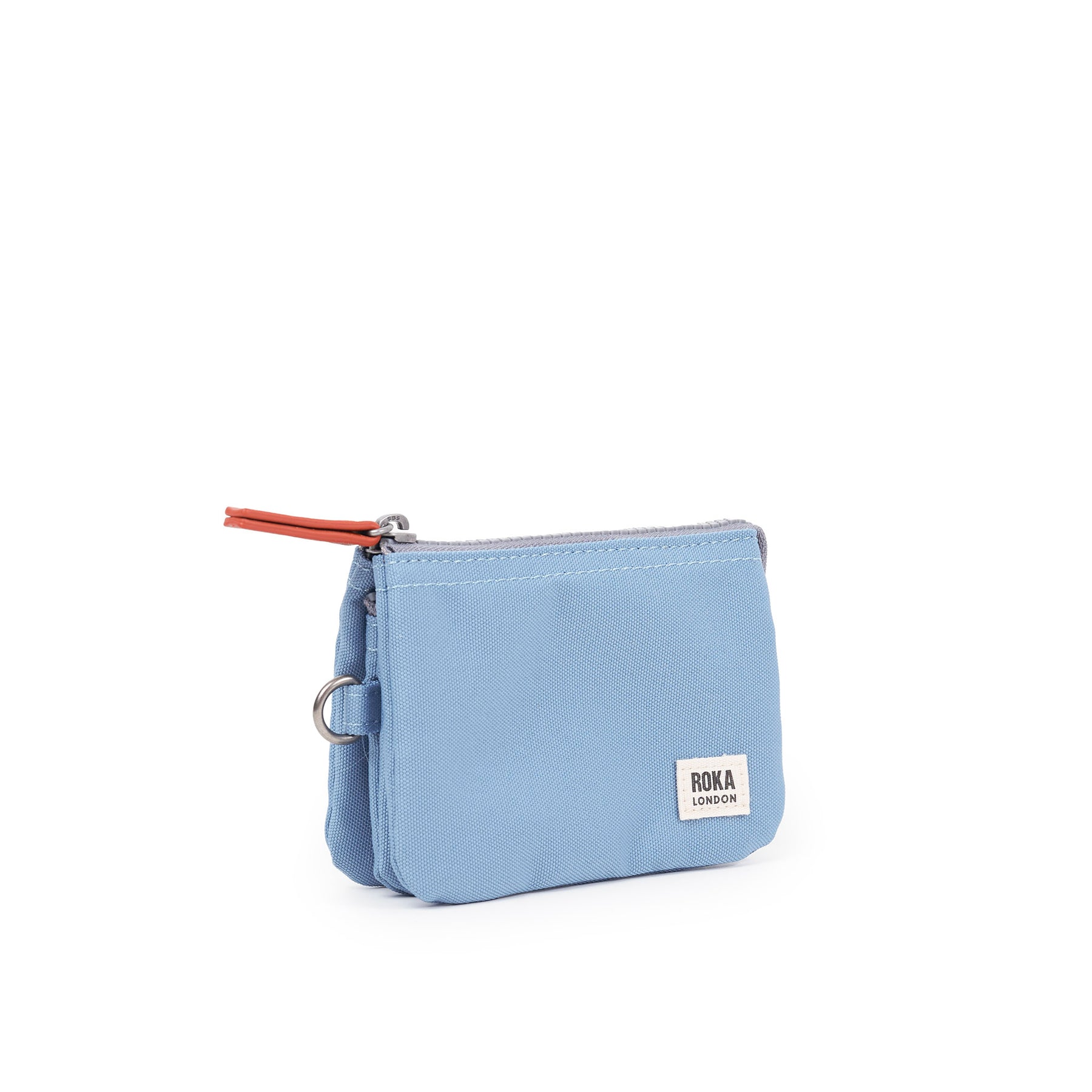 Light blue pouch with a visible brand label on a white background