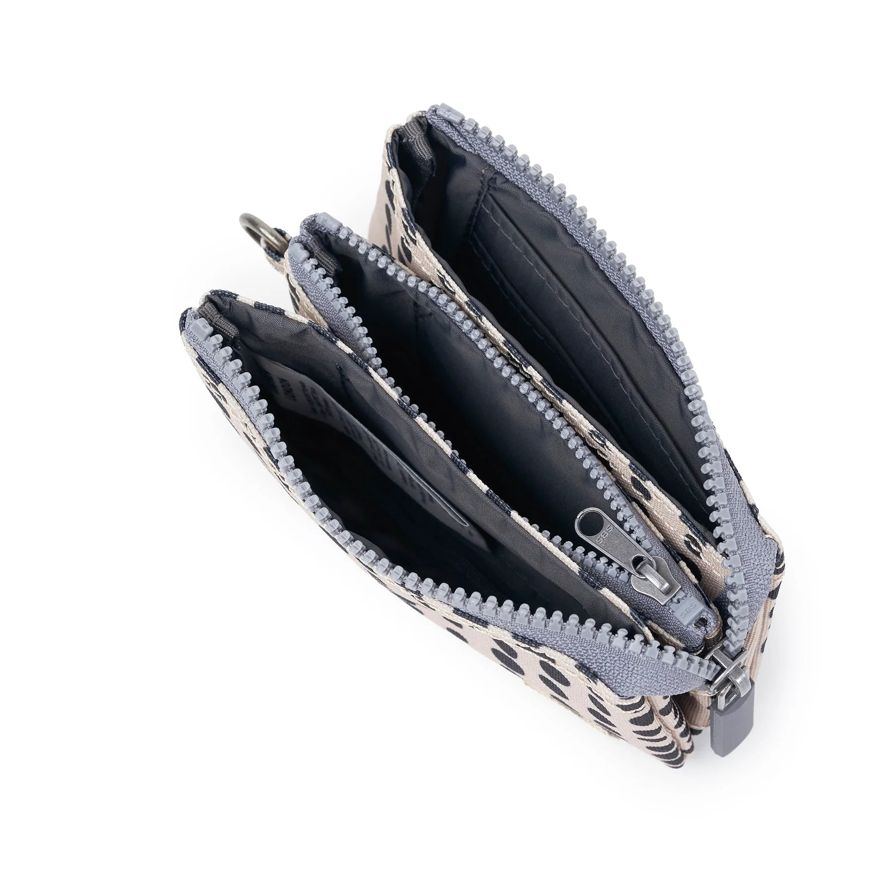Open gray wallet with zipper on a white background