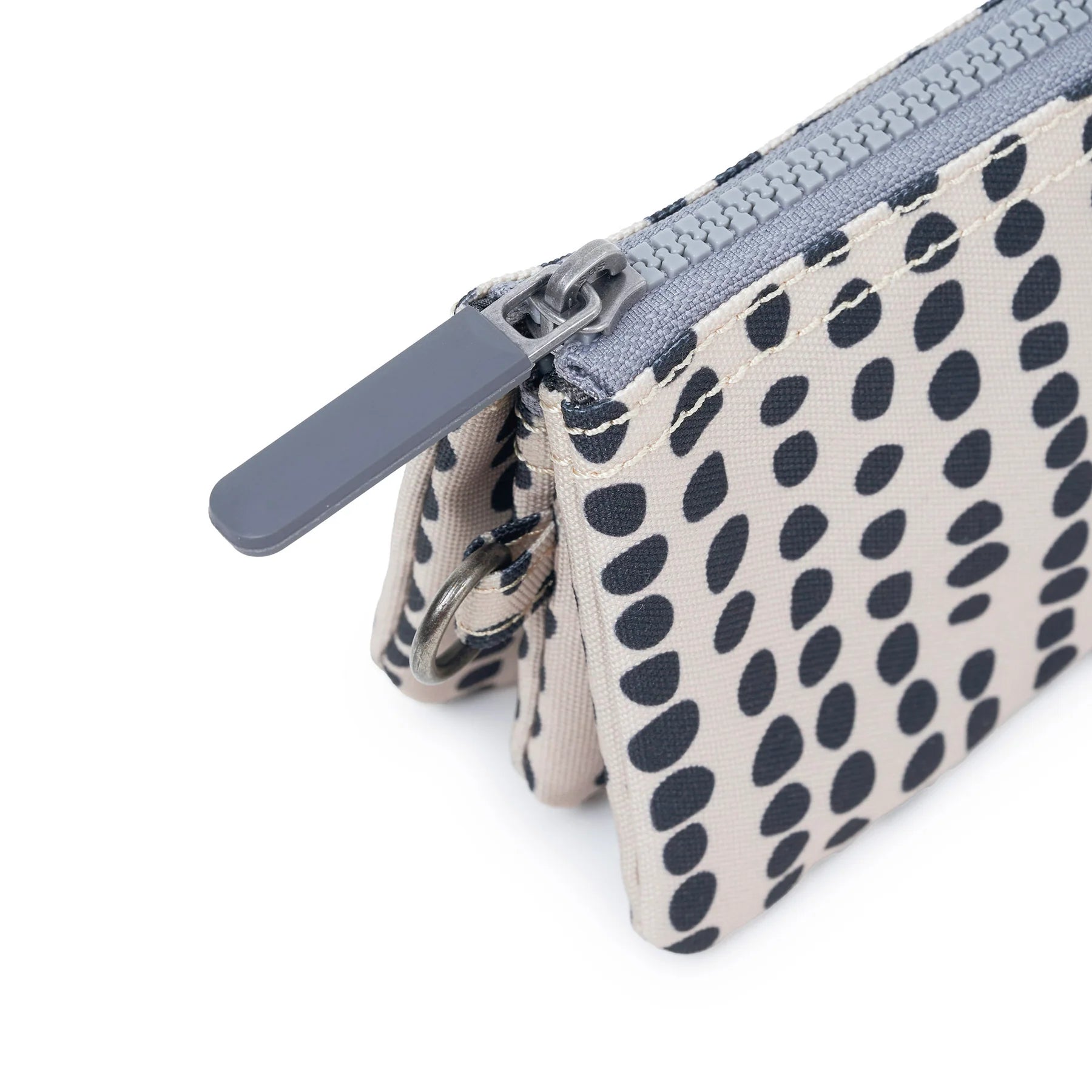 Small pouch with a patterned design and gray zipper on a white background