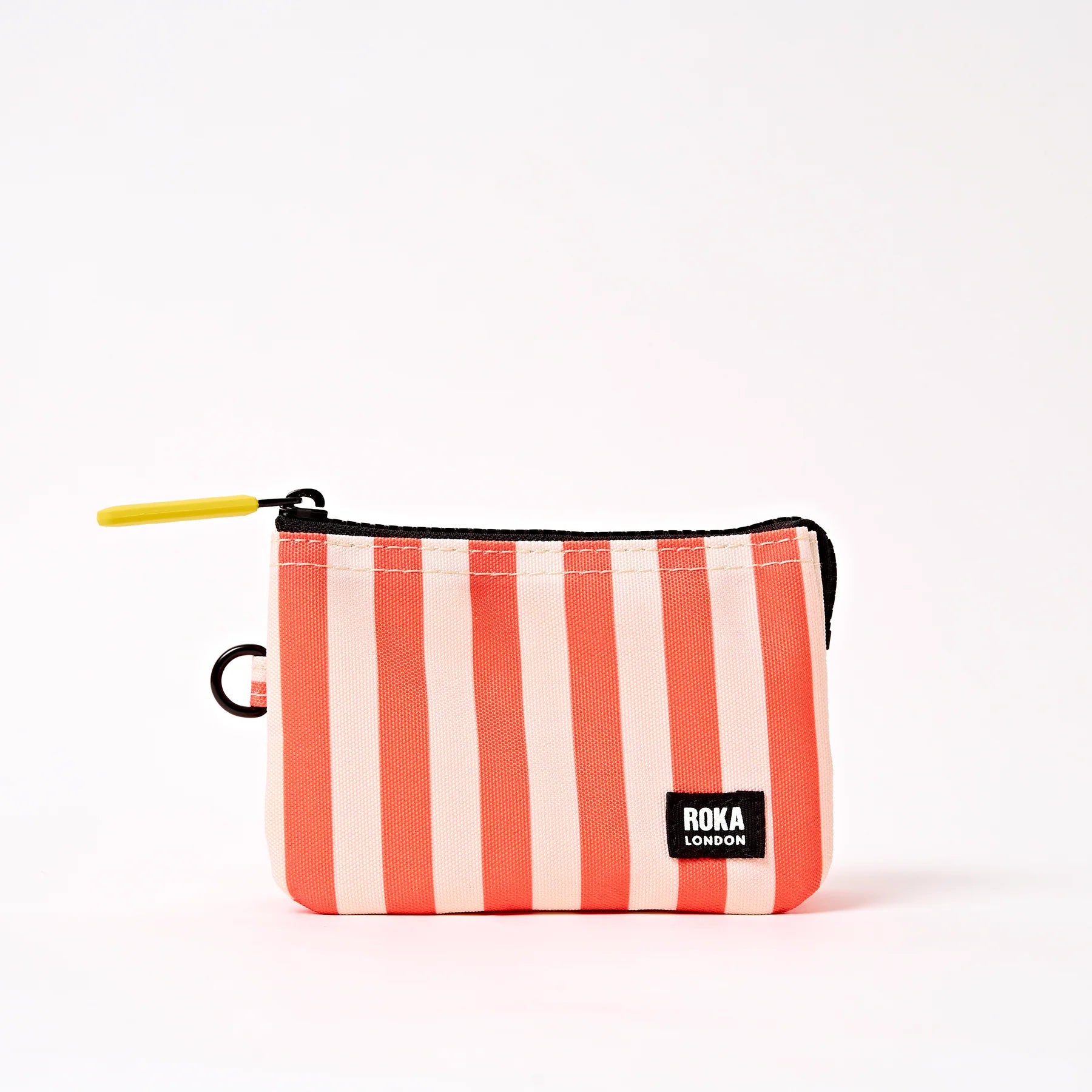 Striped pouch with a visible brand logo on a white background