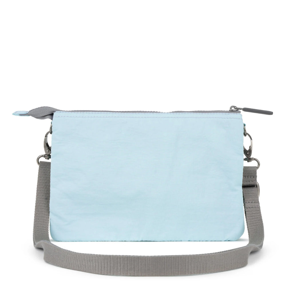 Light blue ROKA bag with a gray strap and zipper closure, perfect for casual outings or everyday use.