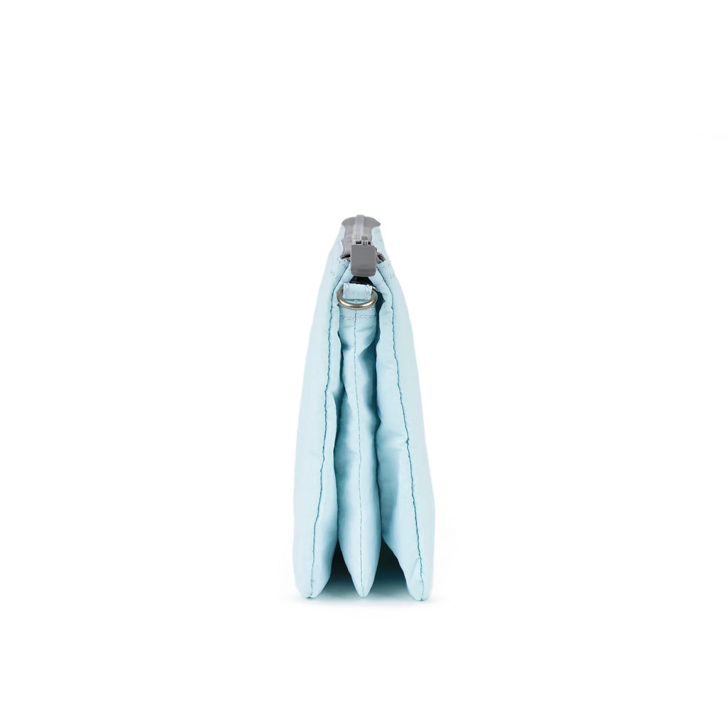 ROKA blue pouch viewed from the side, featuring a sleek design with a zipped closure.