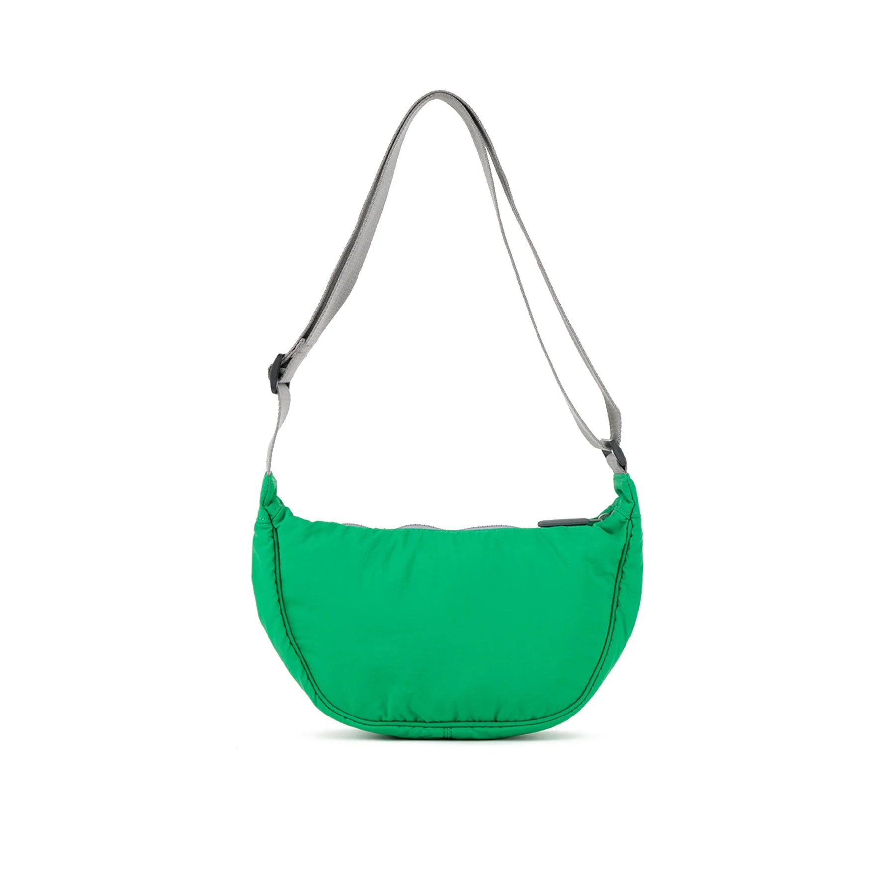 Bright green crescent-shaped crossbody bag with gray shoulder strap.