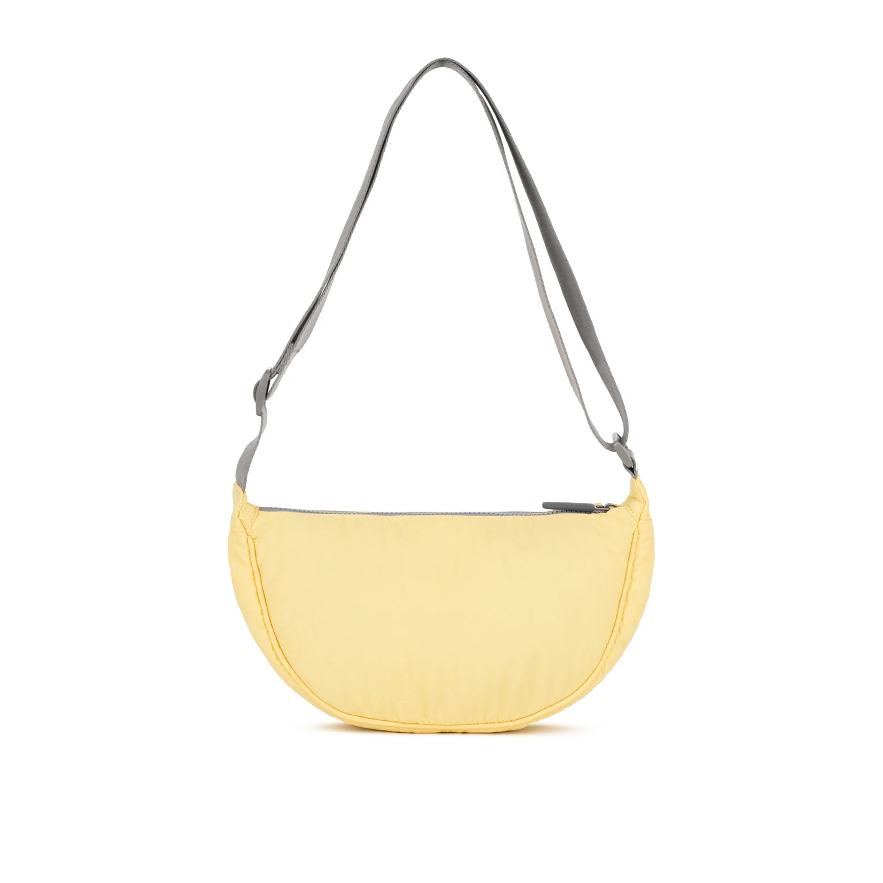 Yellow shoulder bag with a gray strap on a white background