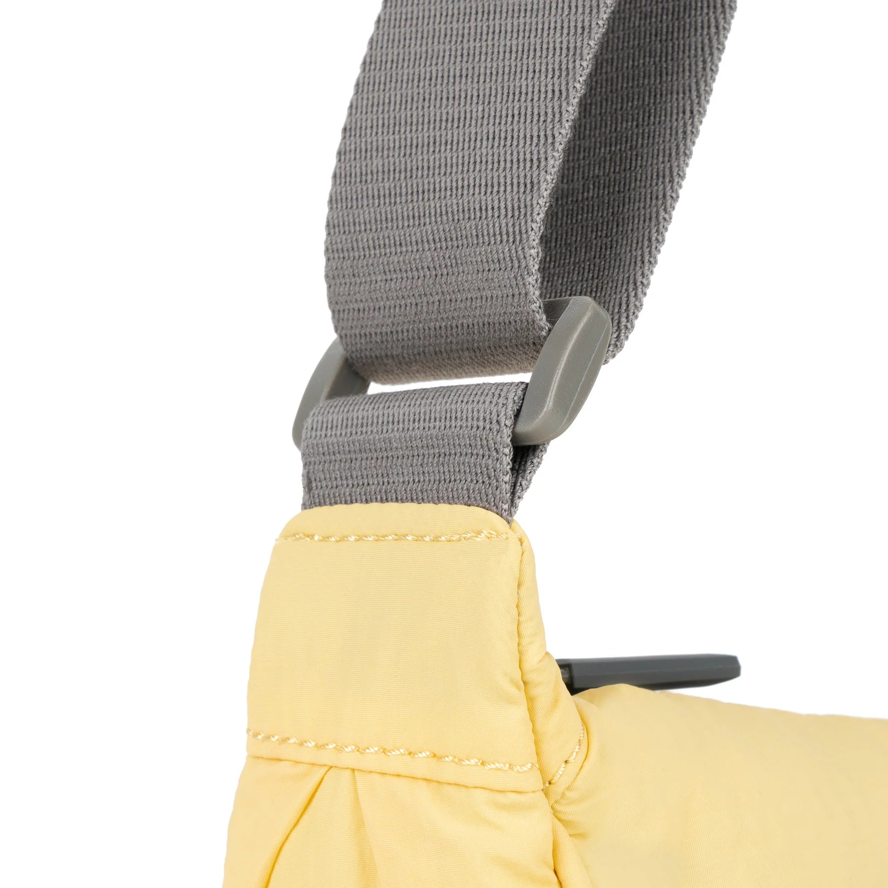 Close-up of a yellow puffer bag with a gray adjustable webbing strap and plastic buckle, shown on a white background.