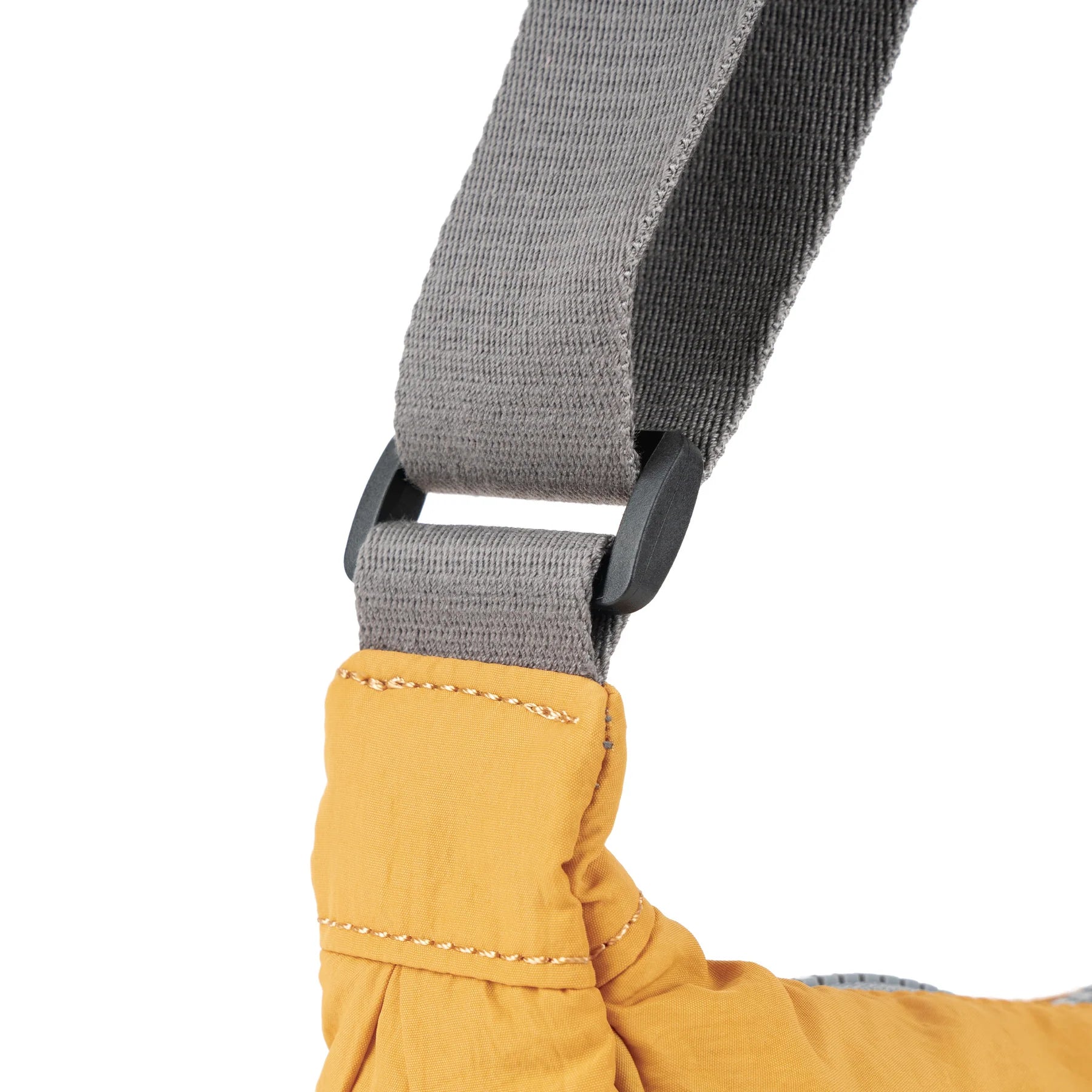 Close-up of a mustard-yellow bag's shoulder strap, showing a grey fabric strap attached with black plastic clips.