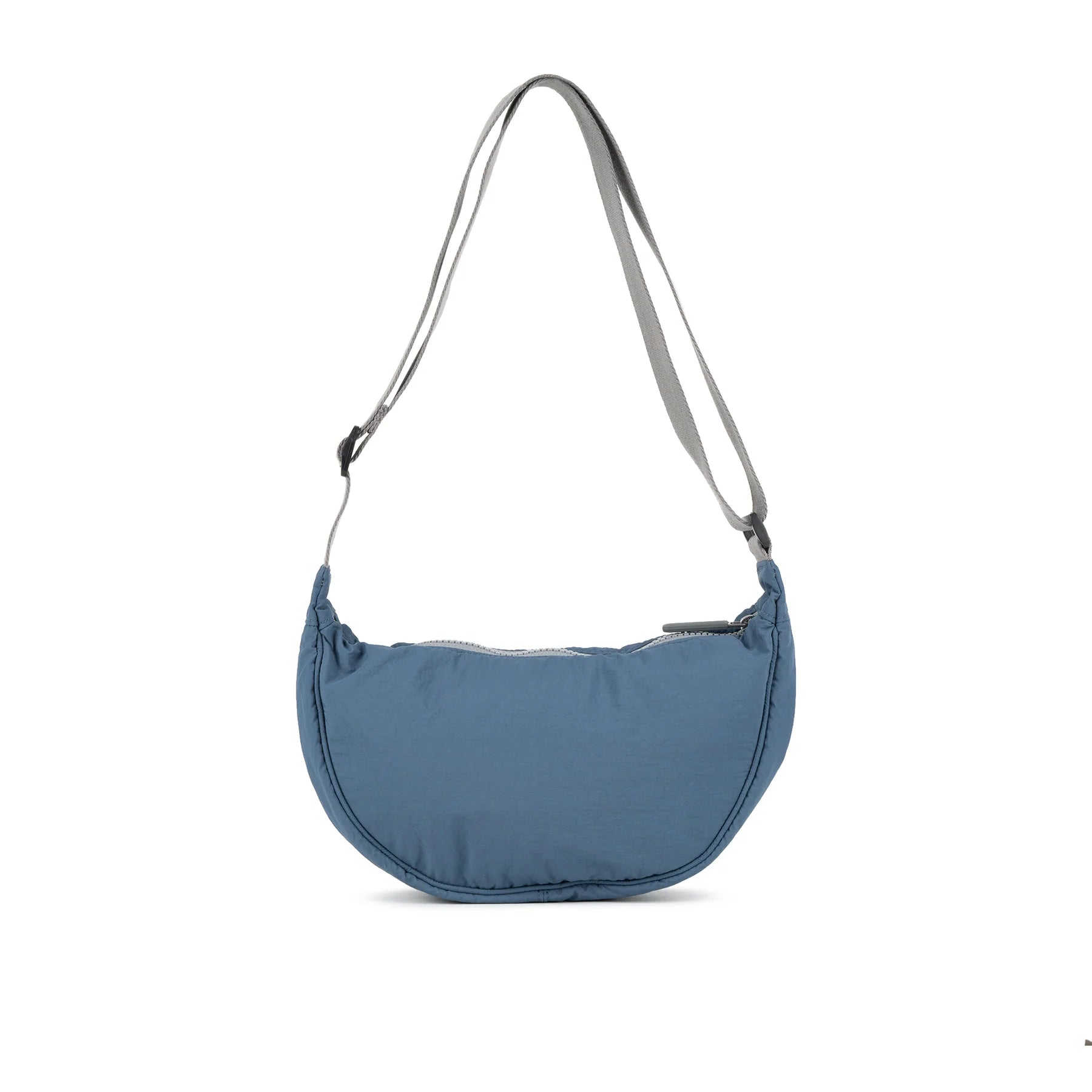 Blue shoulder bag with a visible brand label on a white background