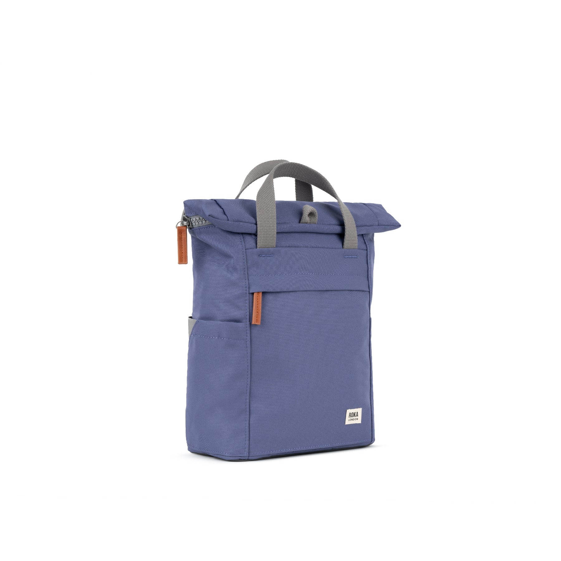 A medium-sized blue recycled canvas backpack with adjustable shoulder straps, a front pocket, and a logo on the bottom right.