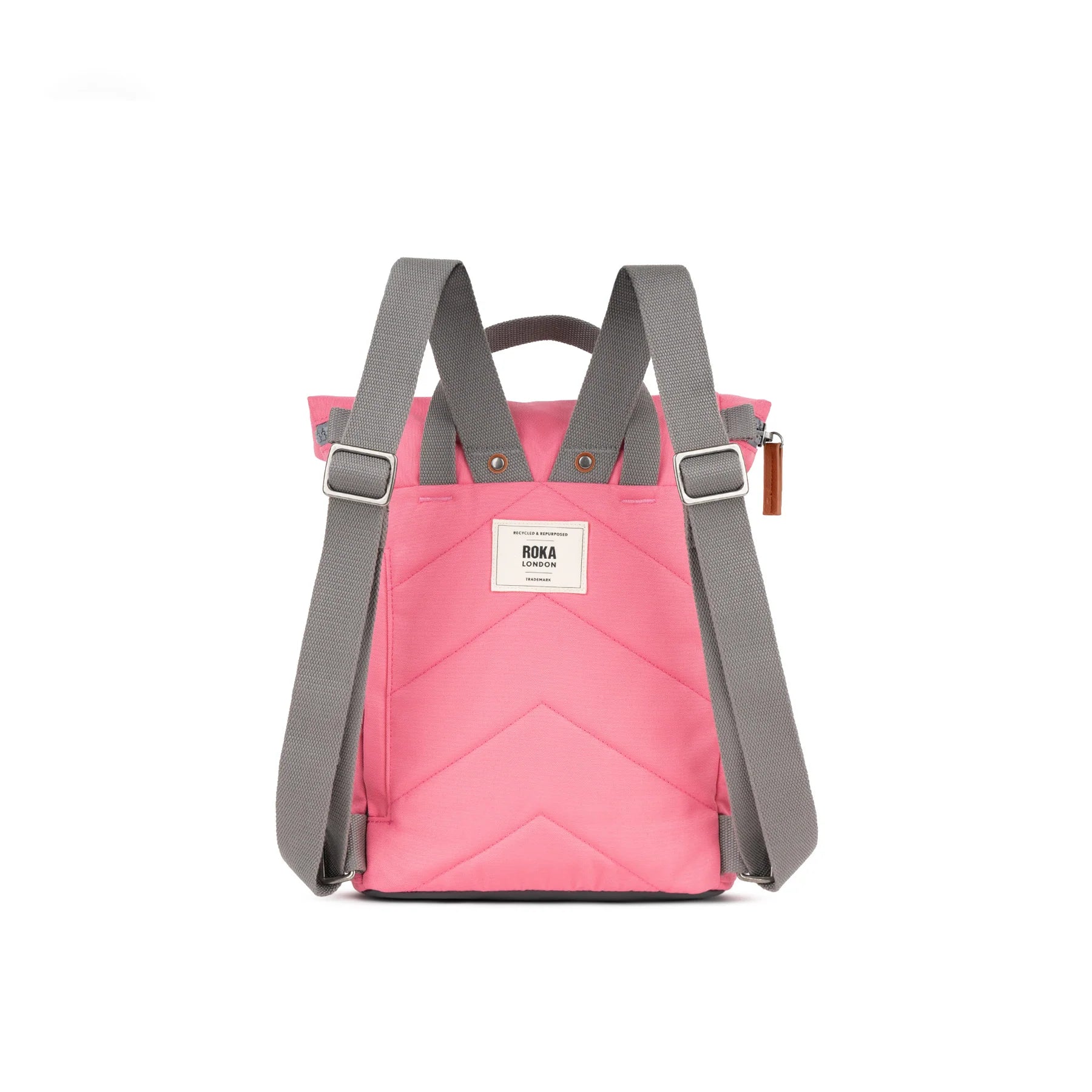 Pink ROKA backpack with gray straps and a chevron pattern, ideal for stylish and functional everyday use.