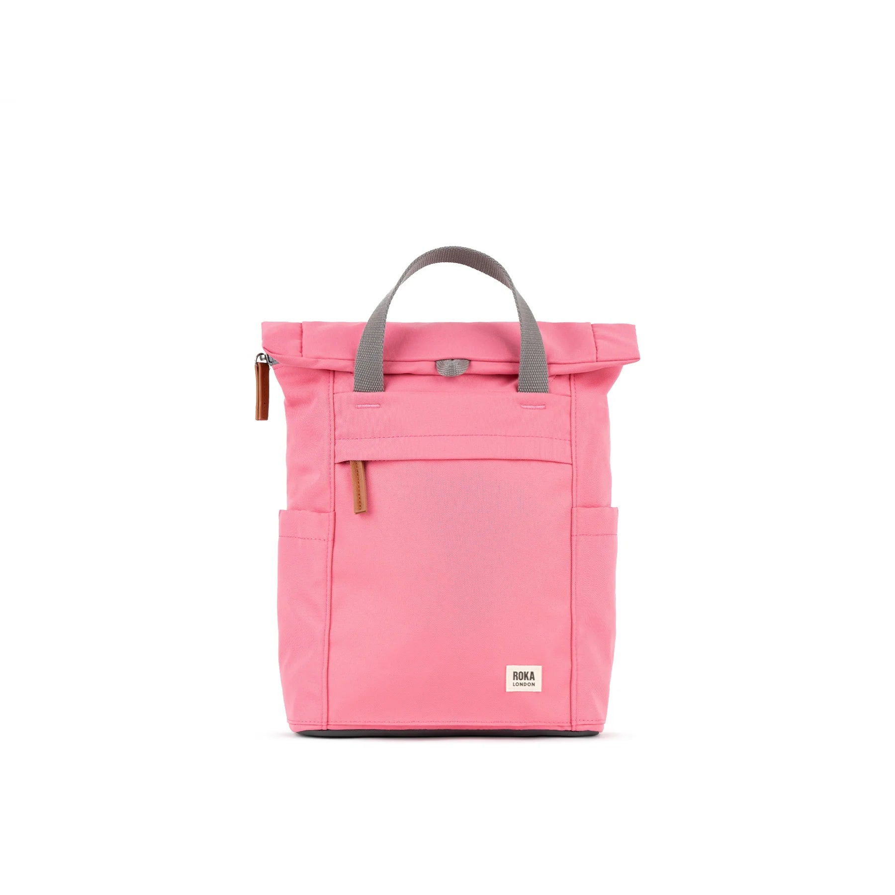 Pink roll-top backpack from ROKA, featuring gray straps and side pockets for added functionality.