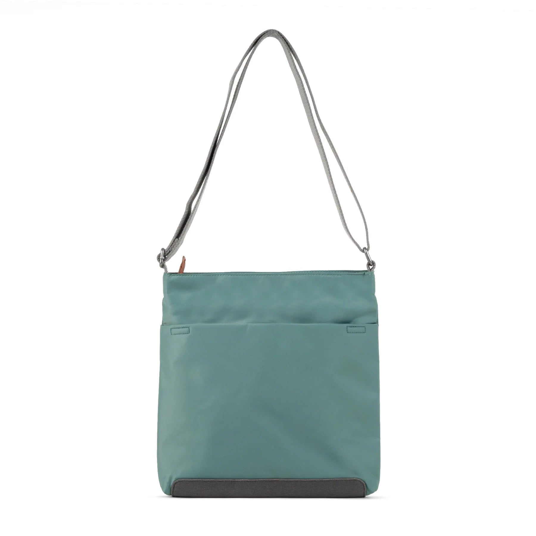 Teal crossbody bag with gray shoulder strap and gray bottom panel. Features a front pocket.