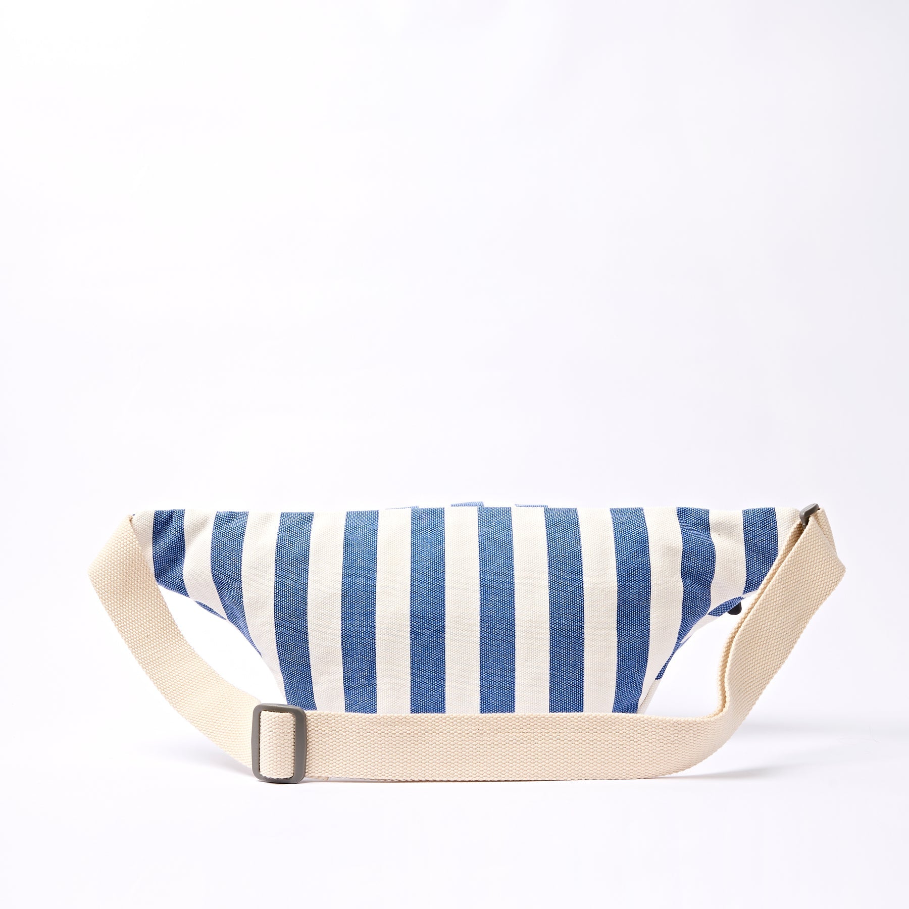 Blue and white striped fanny pack on a white background