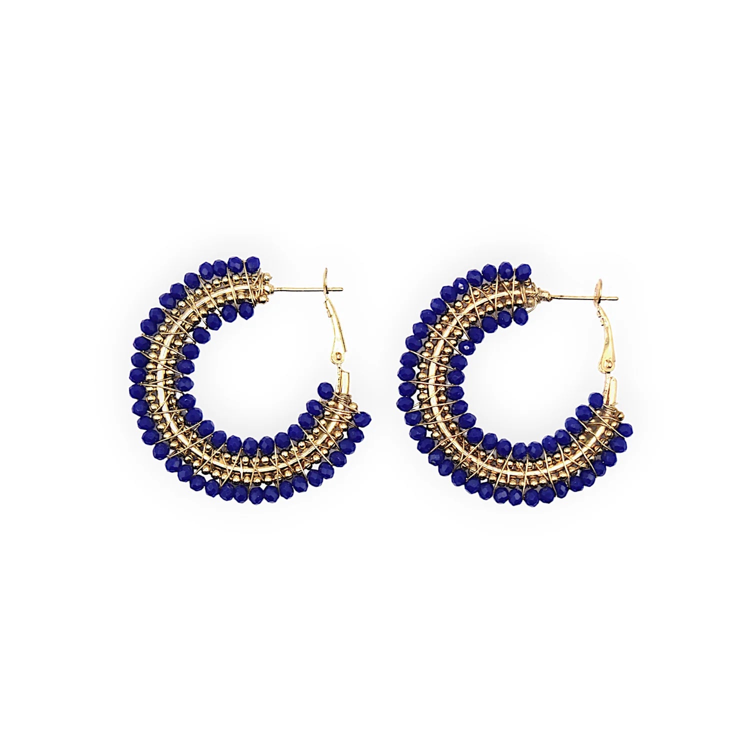Pair of gold and dark blue beaded hoop earrings.  The hoops are wrapped with gold wire and embellished with dark blue beads.