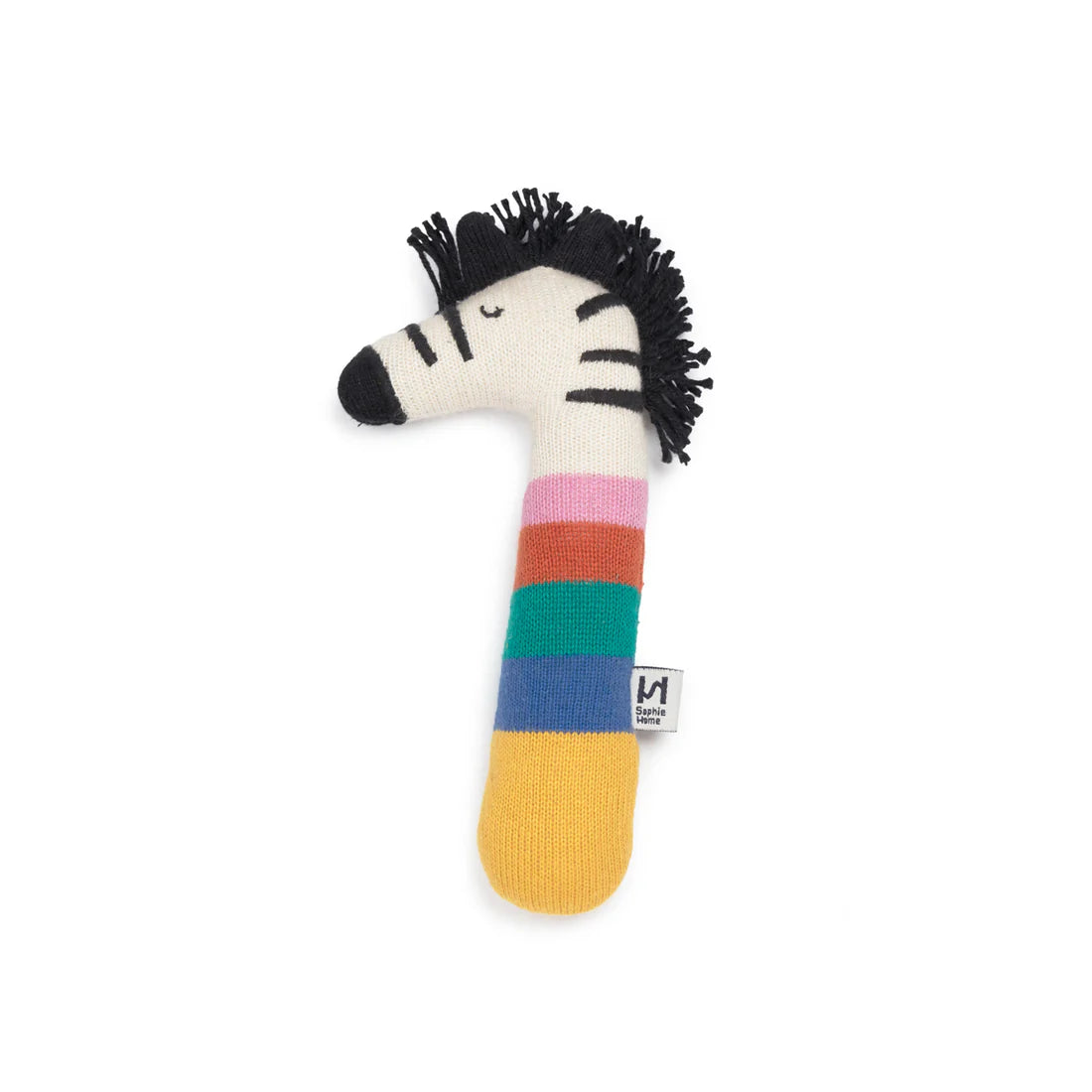 Knitted zebra toy with colorful stripes on a white background
