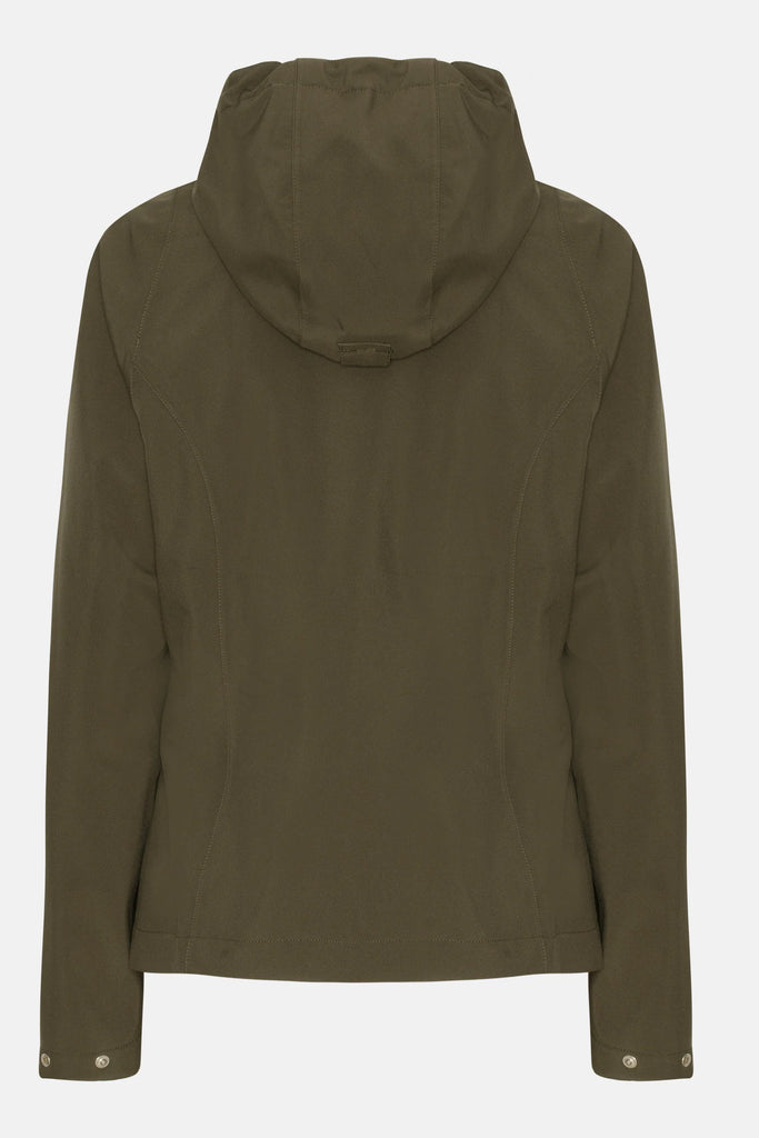 Olive green hooded jacket, rear view. Smooth, matte fabric. Features a drawstring hood and snap closures at cuffs.