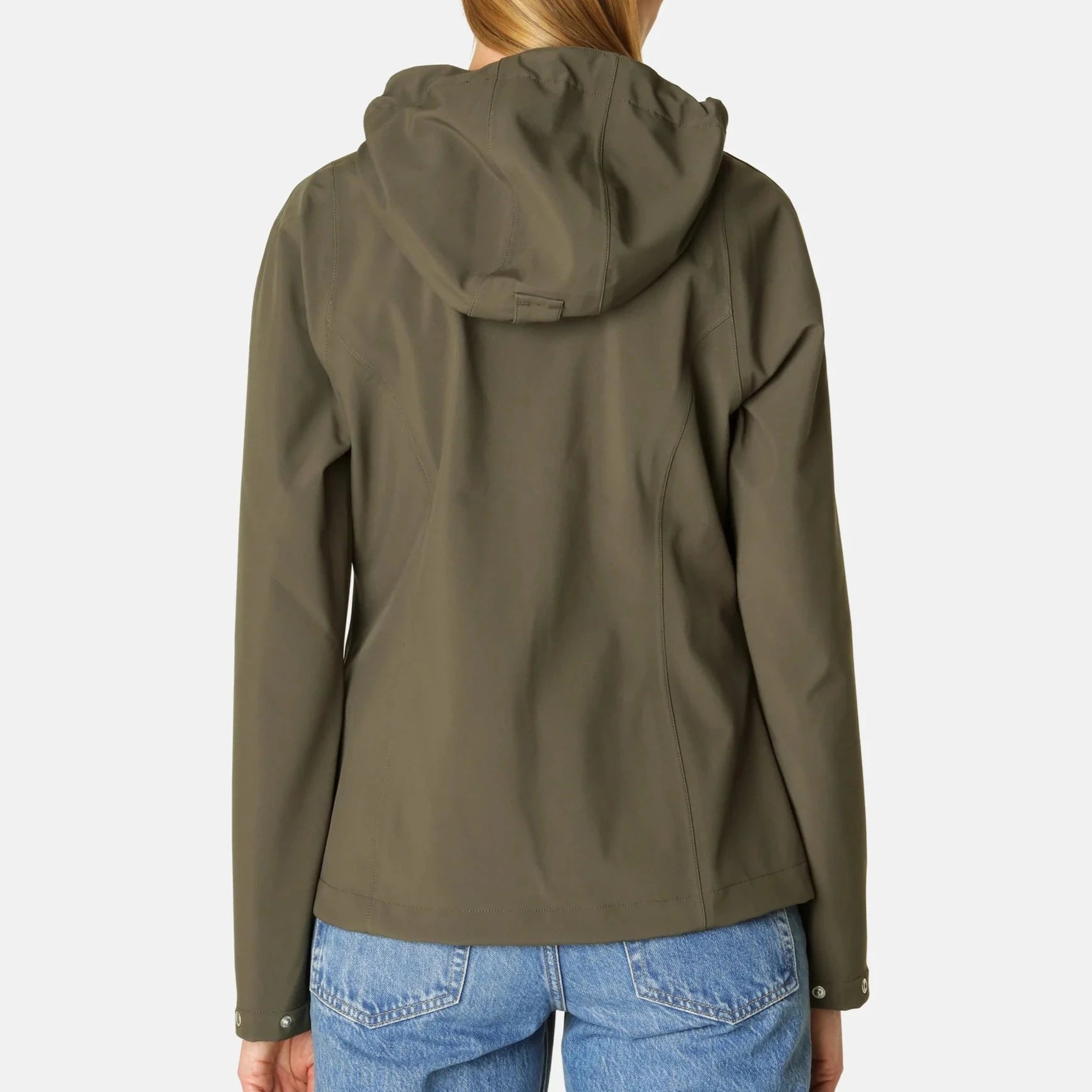 Olive green hooded jacket, rear view, smooth matte texture, long sleeves with snap closures. Model wears light wash jeans.