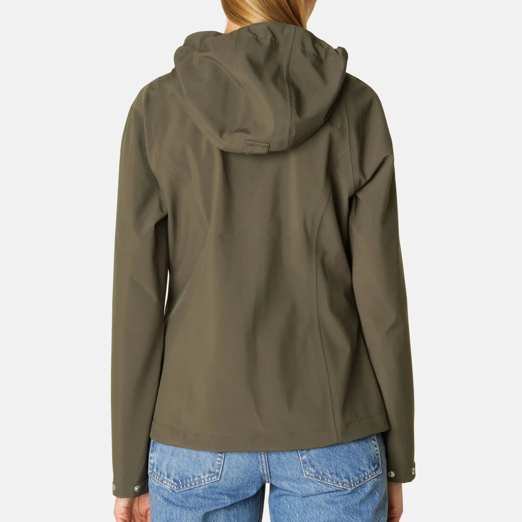 Olive green hooded jacket, rear view, smooth matte texture, long sleeves with snap closures. Model wears light wash jeans.