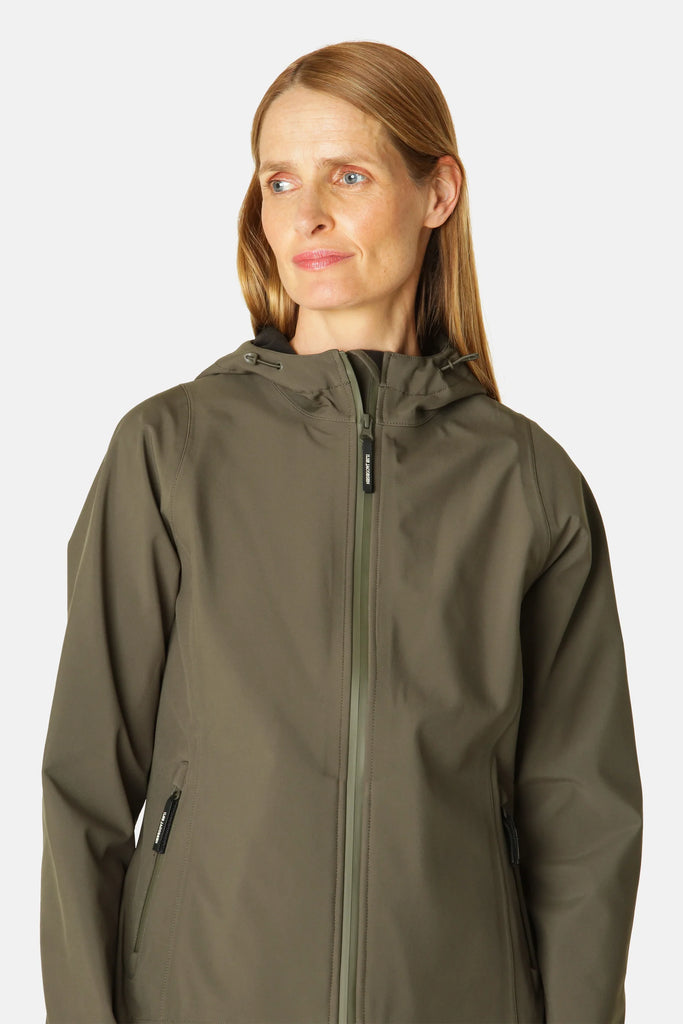 Olive green women's softshell jacket with a zip-up front, hood, and zippered pockets. Smooth, matte texture.