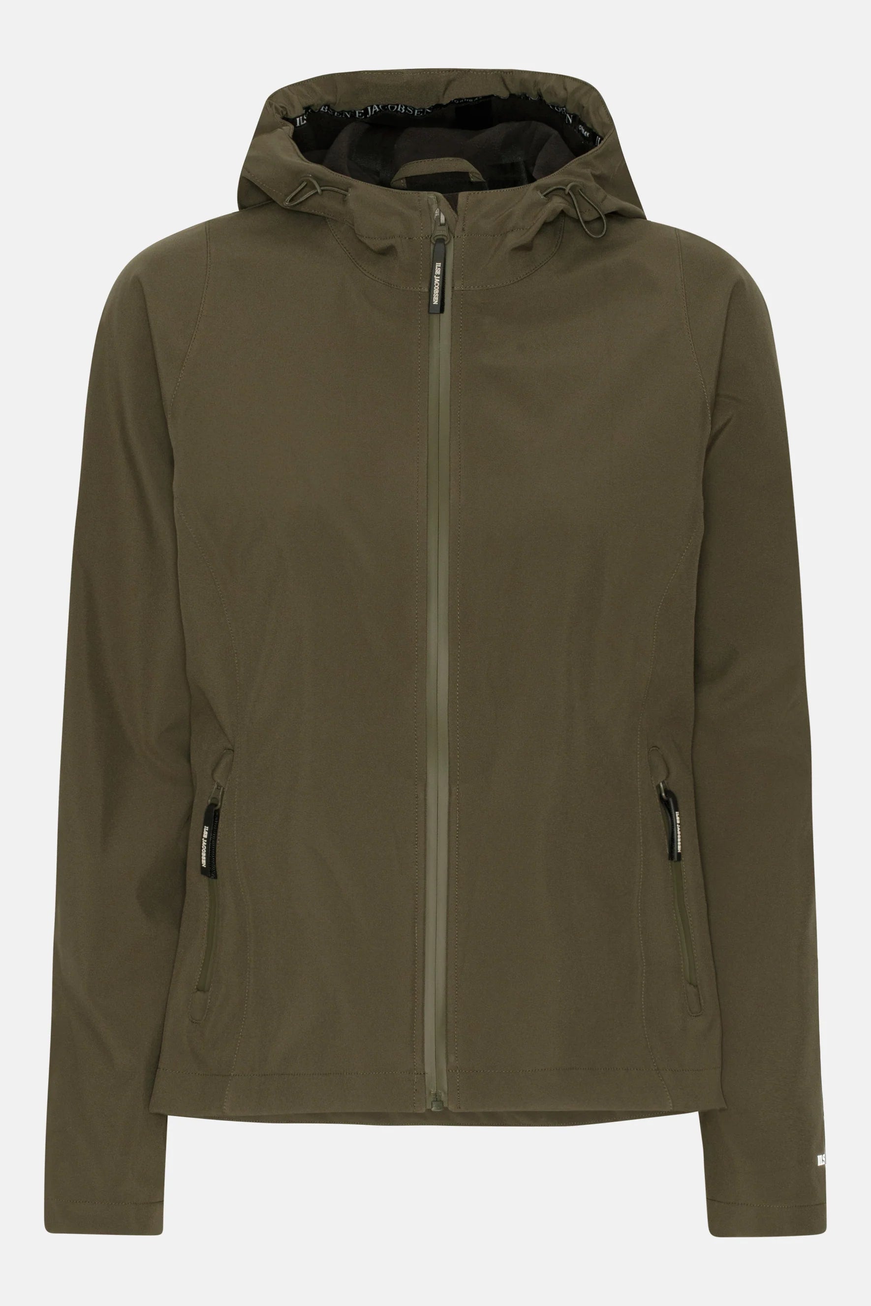 Olive green Ilse Jacobsen Softshell jacket with a zip-up front, drawstring hood, and zippered pockets. Smooth, matte texture.