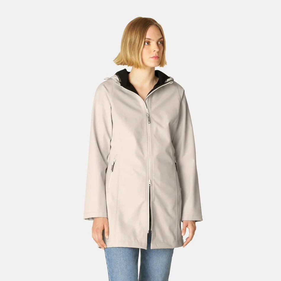 Beige hooded softshell jacket with zip closure, side pockets, and a relaxed fit. Model wears jeans.