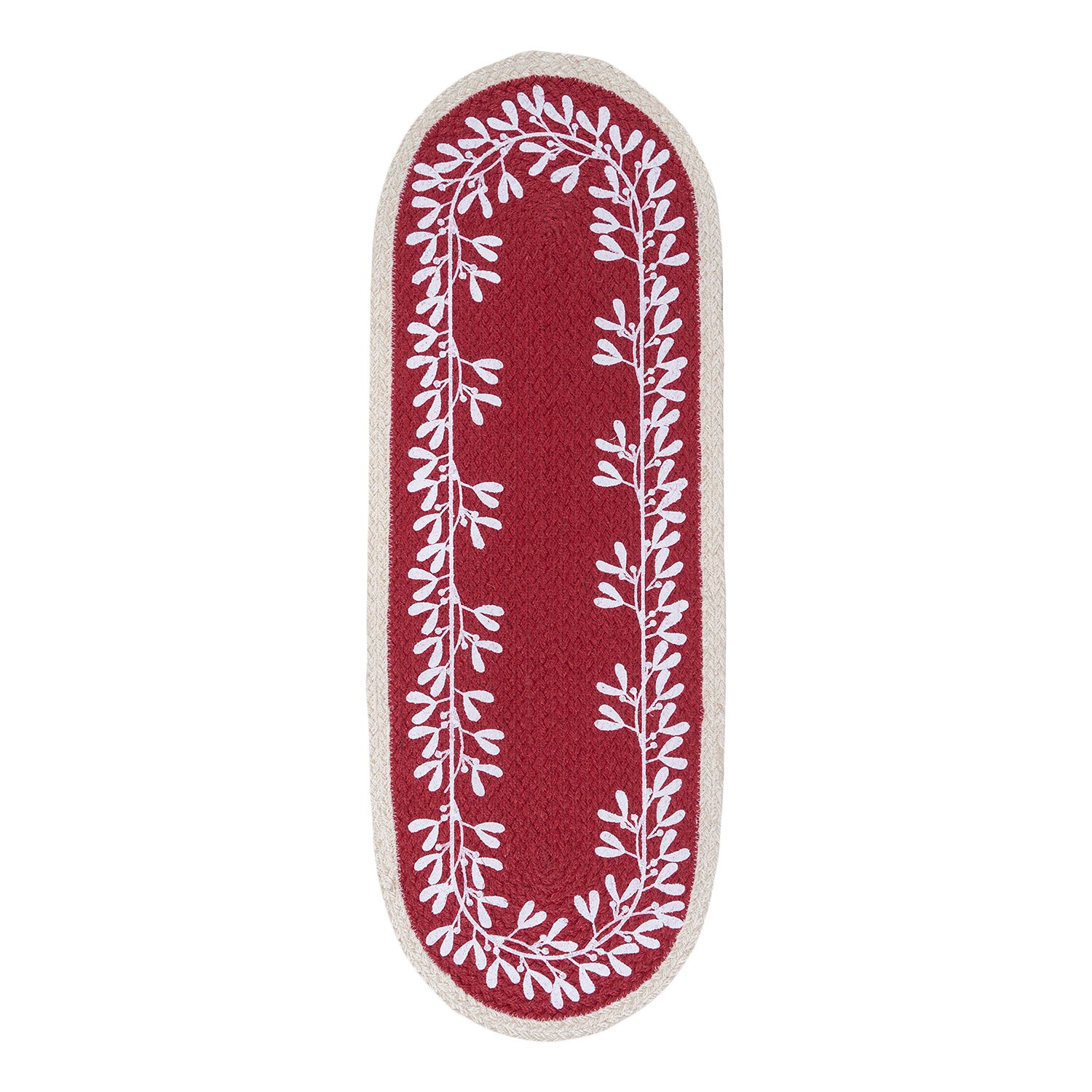 Red printed oval table runner with white leaf pattern on natural jute